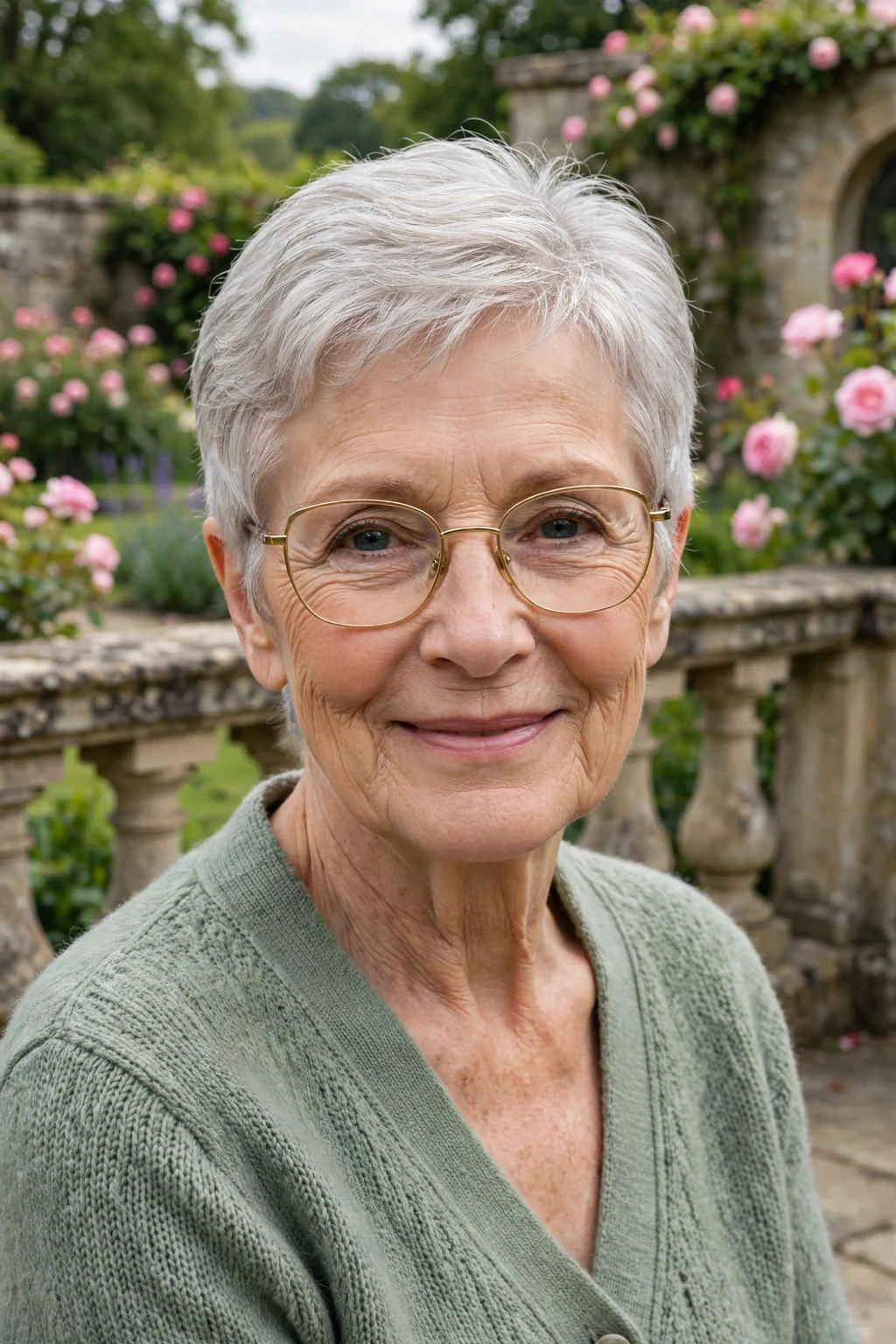 Elegant older woman over 70 with fine hair and glasses and graceful gray crop, soft luminous silver, stunning light.