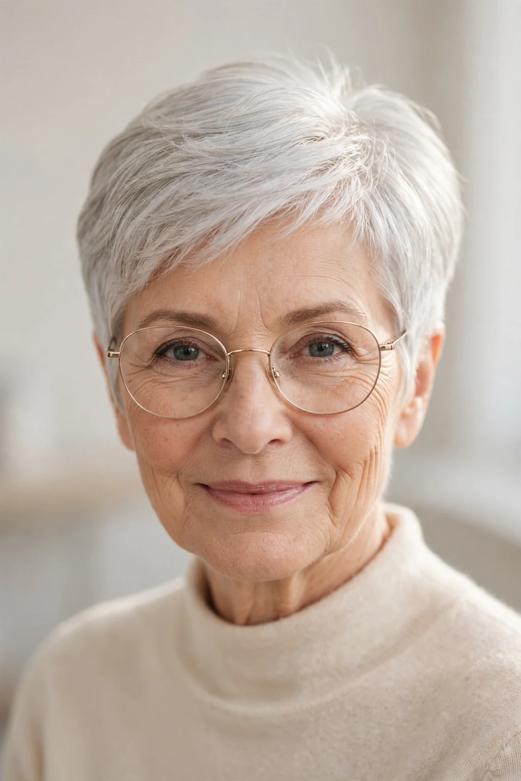 Elegant older woman with glasses and graceful gray crop, soft luminous silver, stunning light.