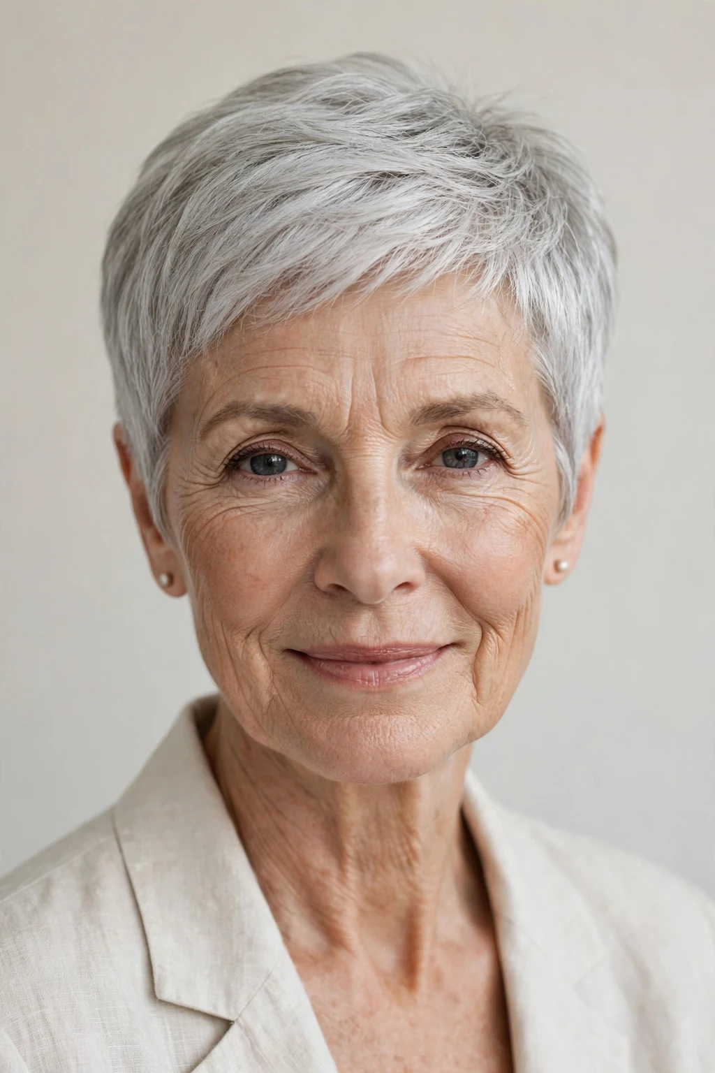 Elegant older woman with graceful gray crop, soft luminous silver, stunning light.