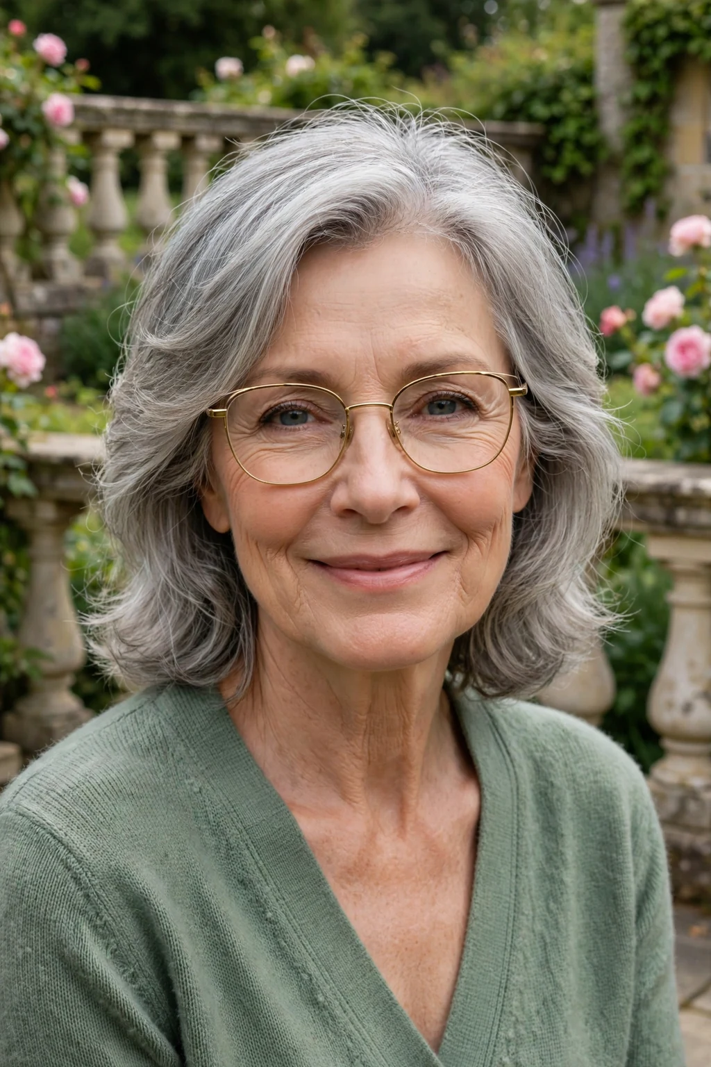 Elegant woman over 60 with fine hair and glasses and graceful gray layers, soft luminous silver, stunning light.