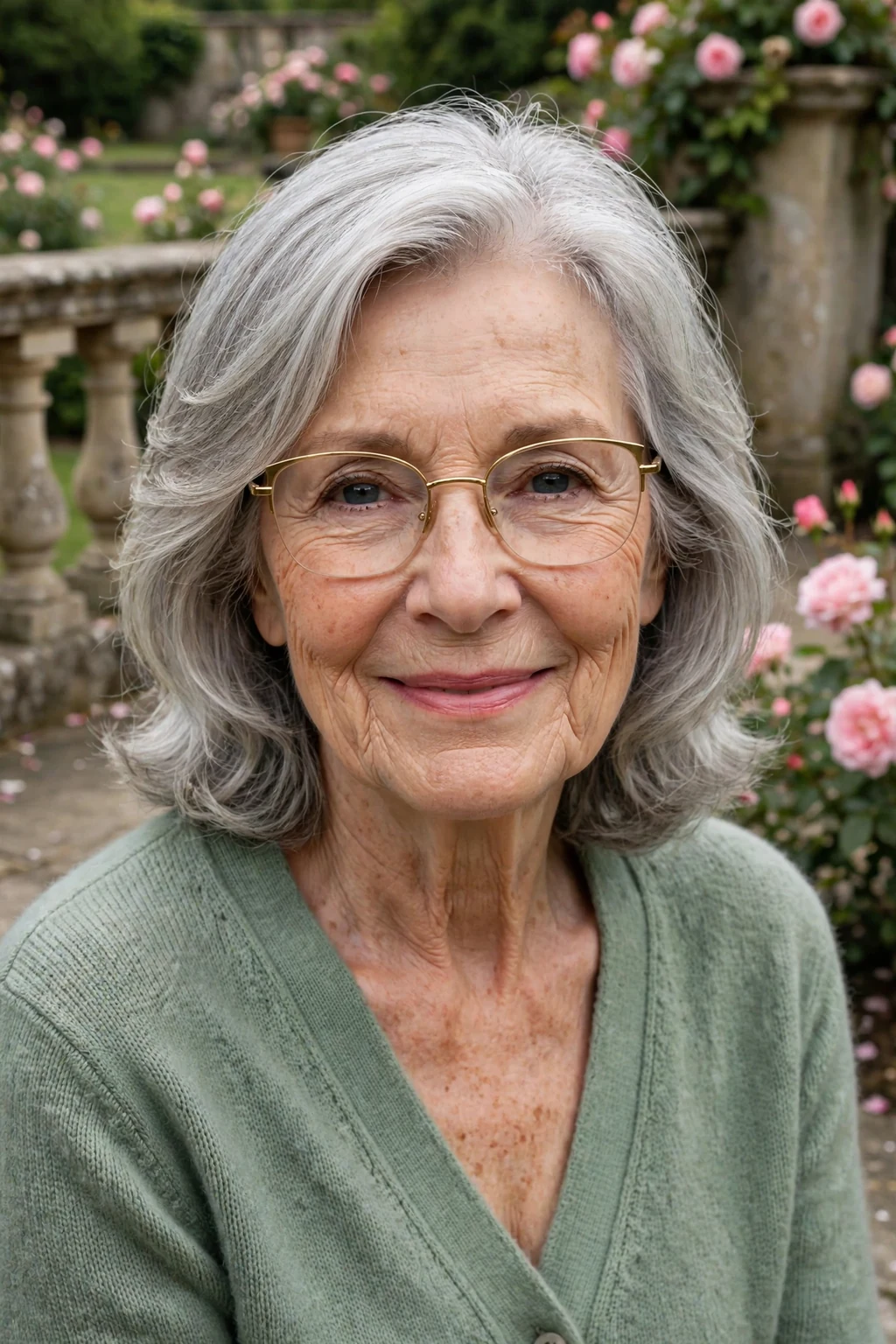 Elegant older woman over 70 with fine hair and glasses and graceful gray layers, soft luminous silver, stunning light.