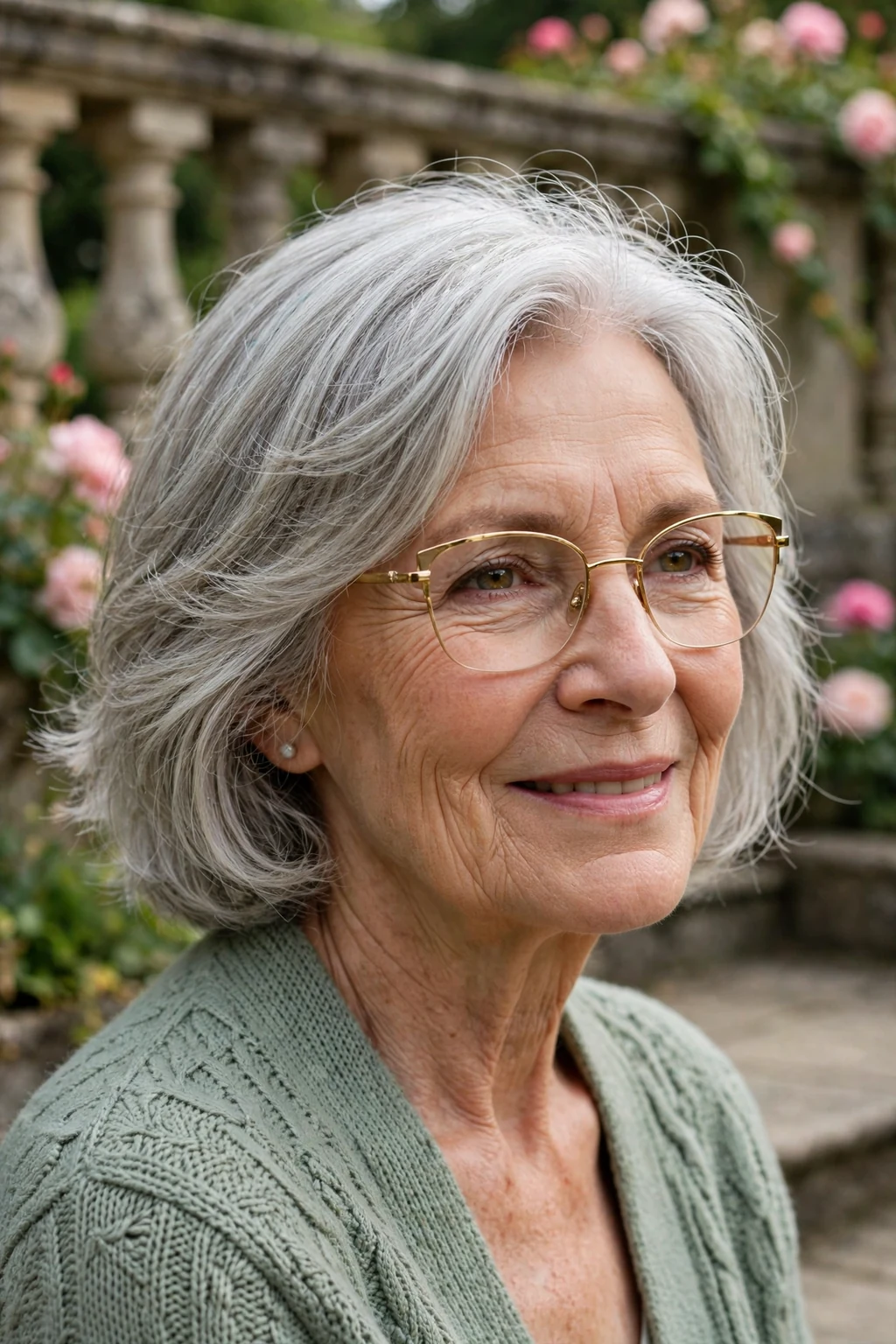 Elegant woman over 60 with fine hair and glasses and graceful gray layers, soft luminous silver, stunning light.