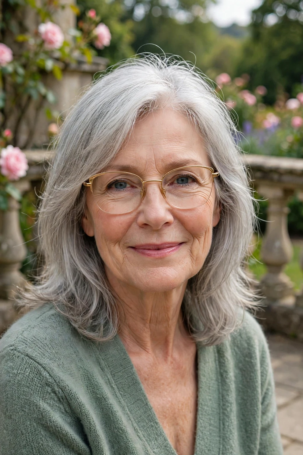 Elegant older woman with fine hair and glasses and graceful gray layers, soft luminous silver, stunning light.