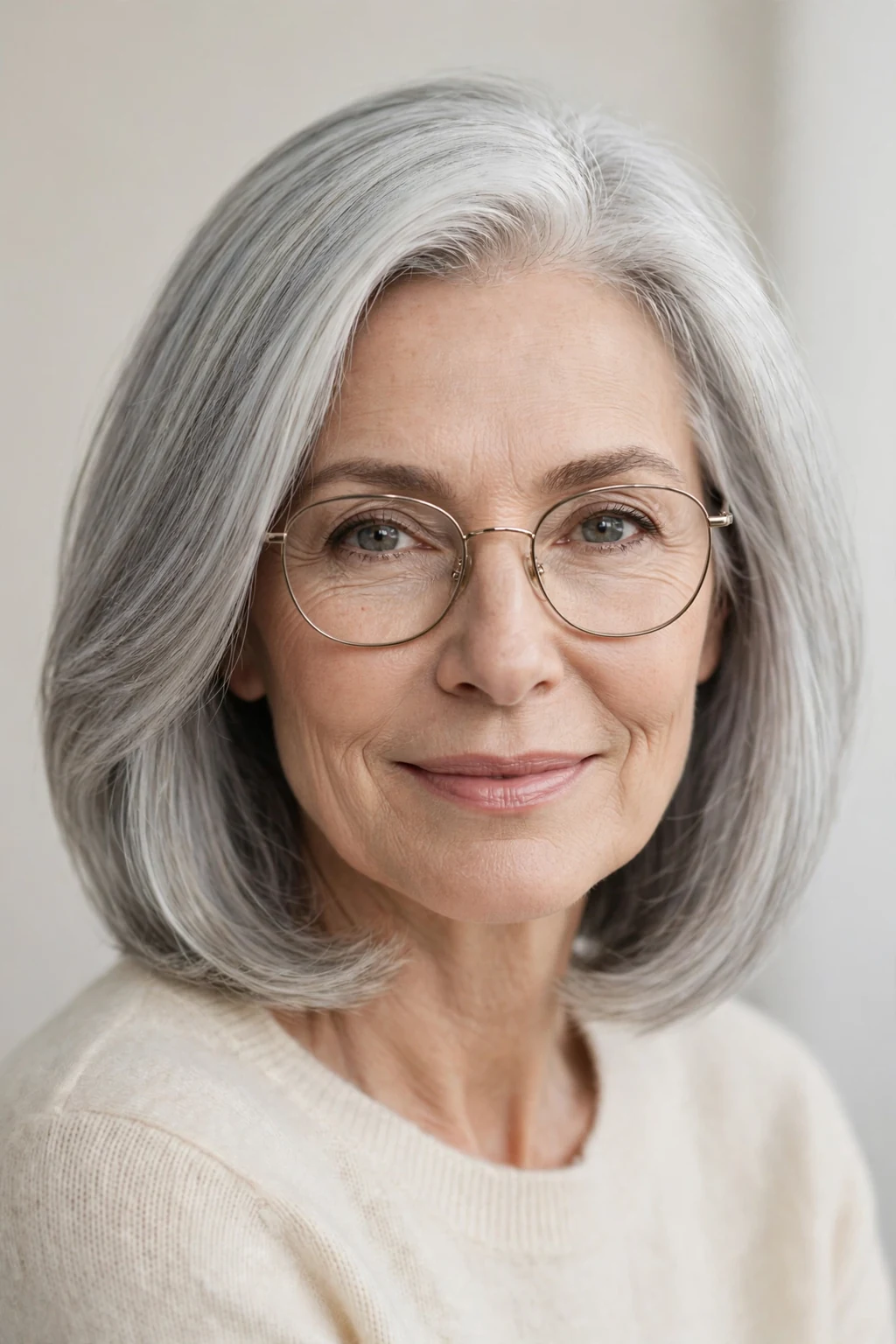 Elegant woman over 50 with glasses and graceful gray lob, soft luminous silver, stunning light.