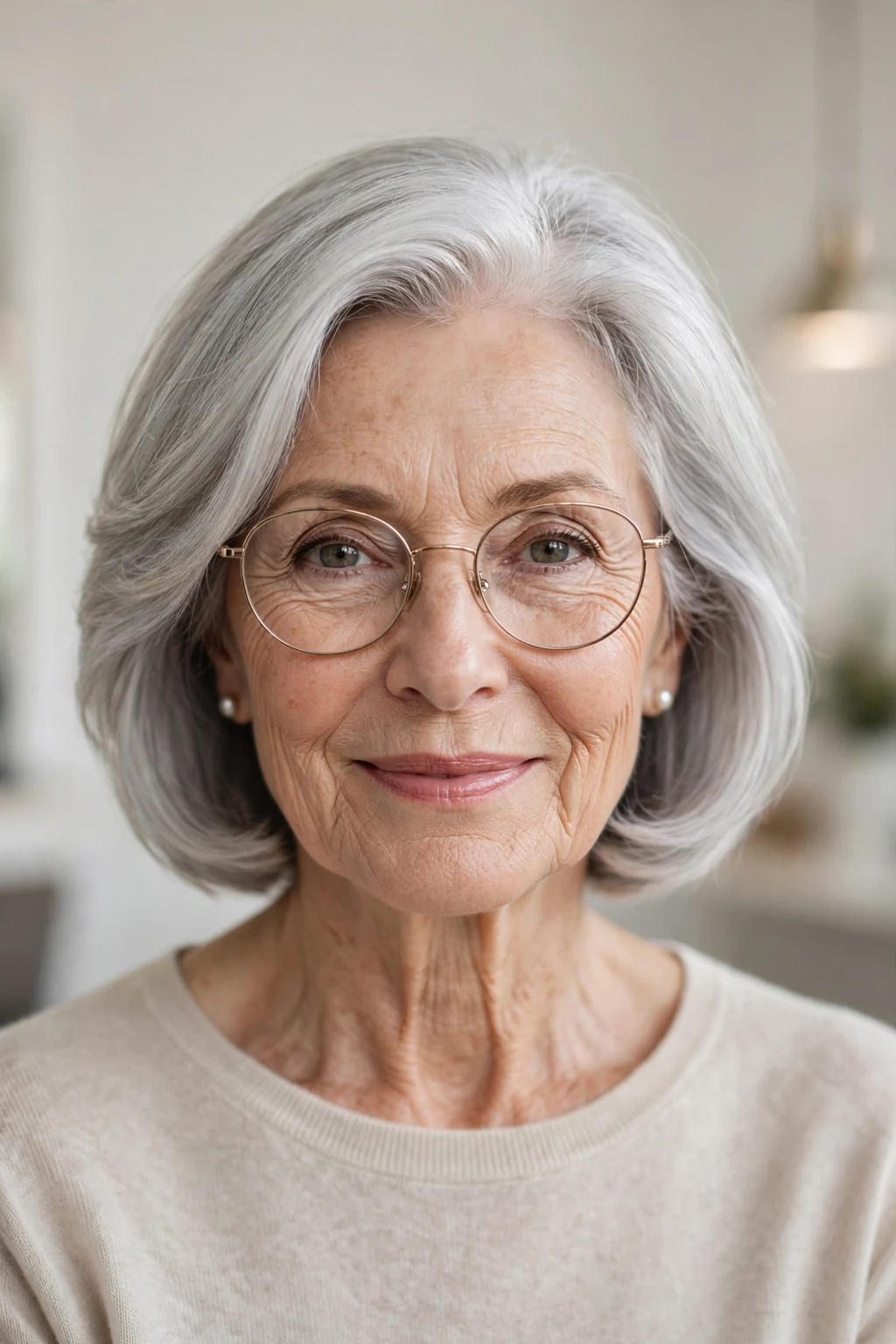 Elegant woman over 60 with glasses and graceful gray lob, soft luminous silver, stunning light.