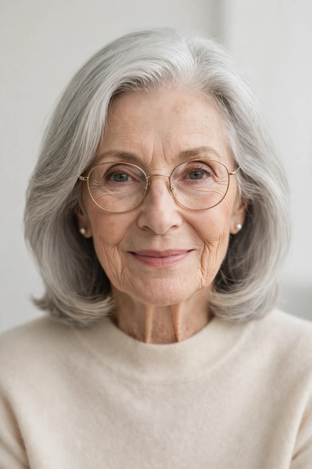 Elegant woman over 70 with glasses and graceful gray lob, soft luminous silver, stunning light.