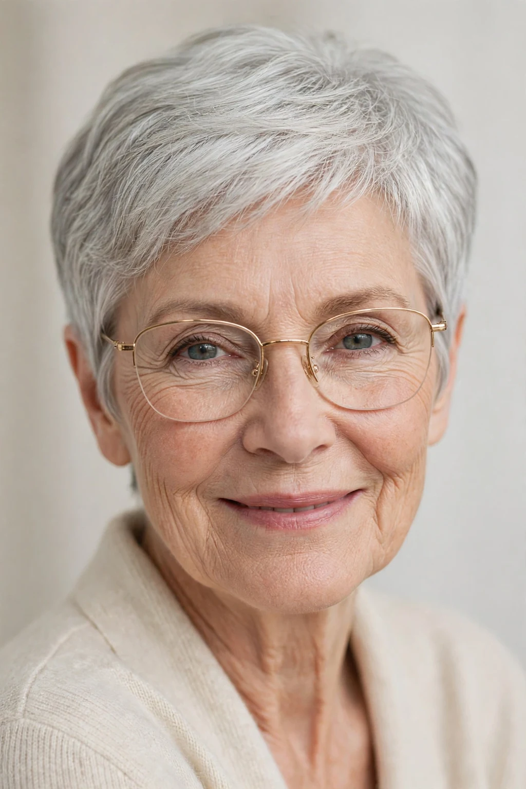 Elegant older woman with fine hair and glasses and graceful gray pixie, soft luminous silver, stunning light.