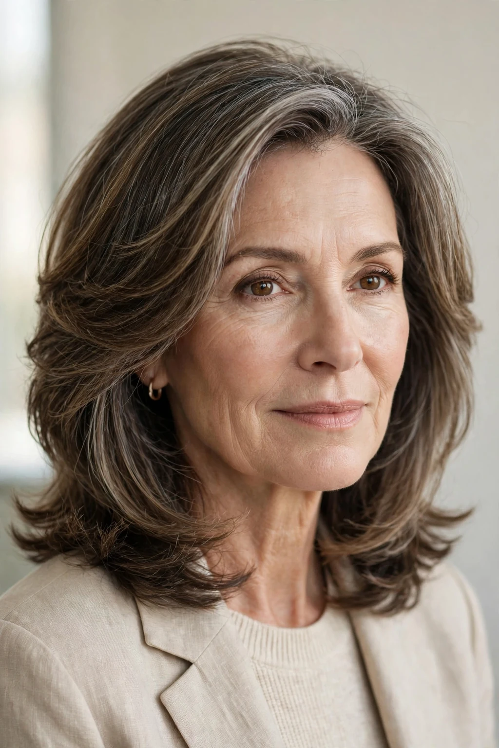 Elegant woman over 50 with graceful layered medium hair, soft flattering layers, salon light.