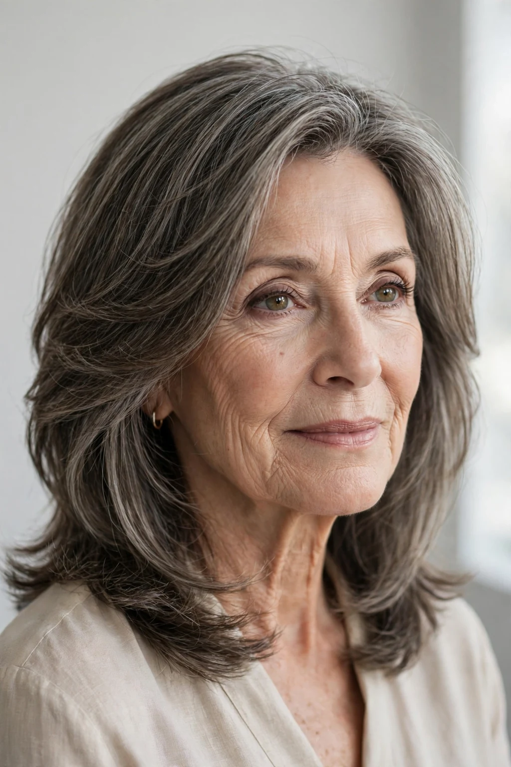 Elegant woman over 60 with graceful layered medium hair, soft flattering layers, salon light.