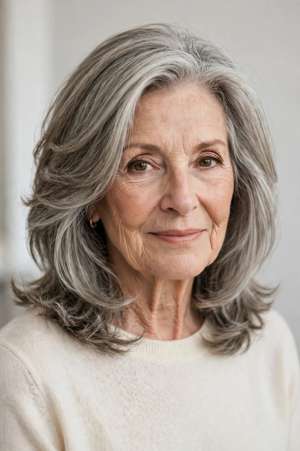 Elegant woman over 70 with graceful layered medium hair, soft flattering layers, salon light.