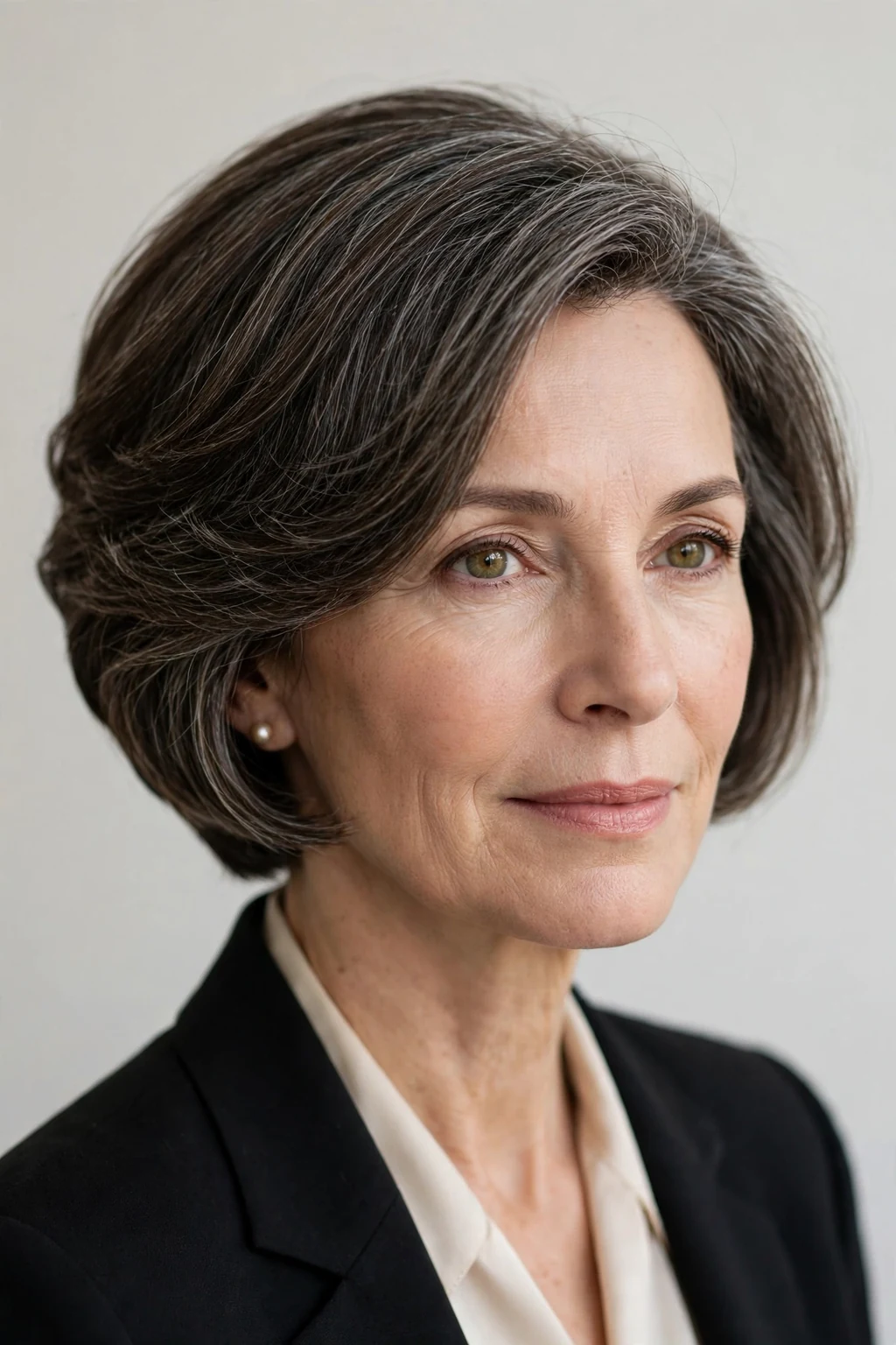 Elegant woman over 50 with graduated bob, stacked elegant shape, refined light.
