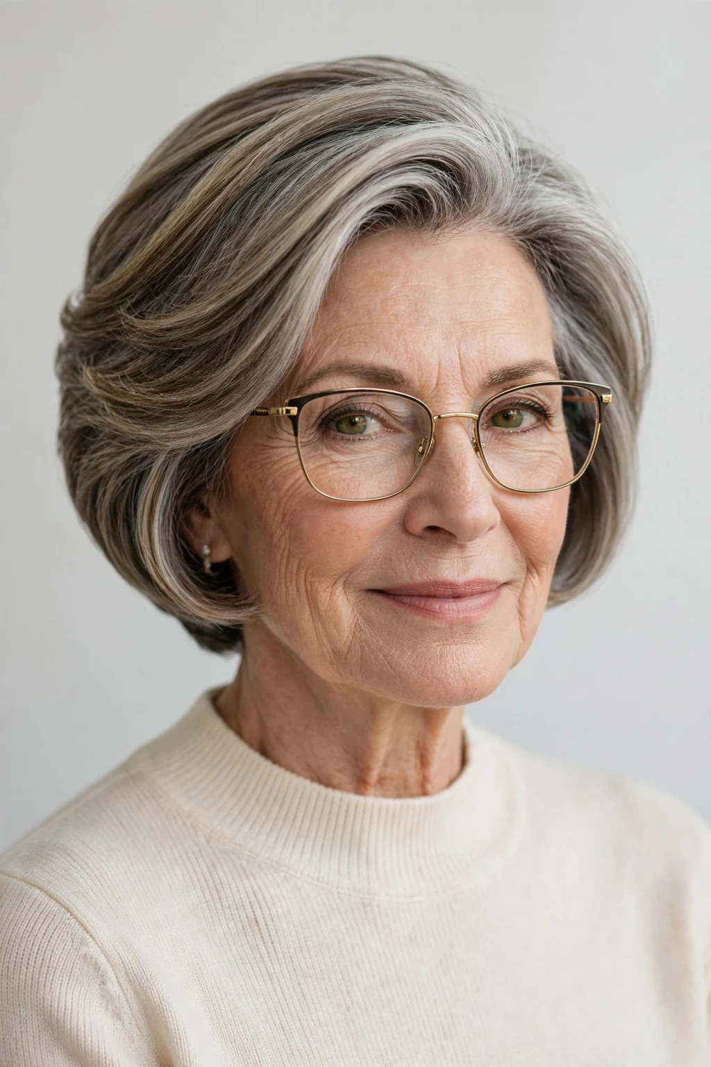 Elegant woman over 60 with glasses and graduated bob, stacked elegant shape, refined light.