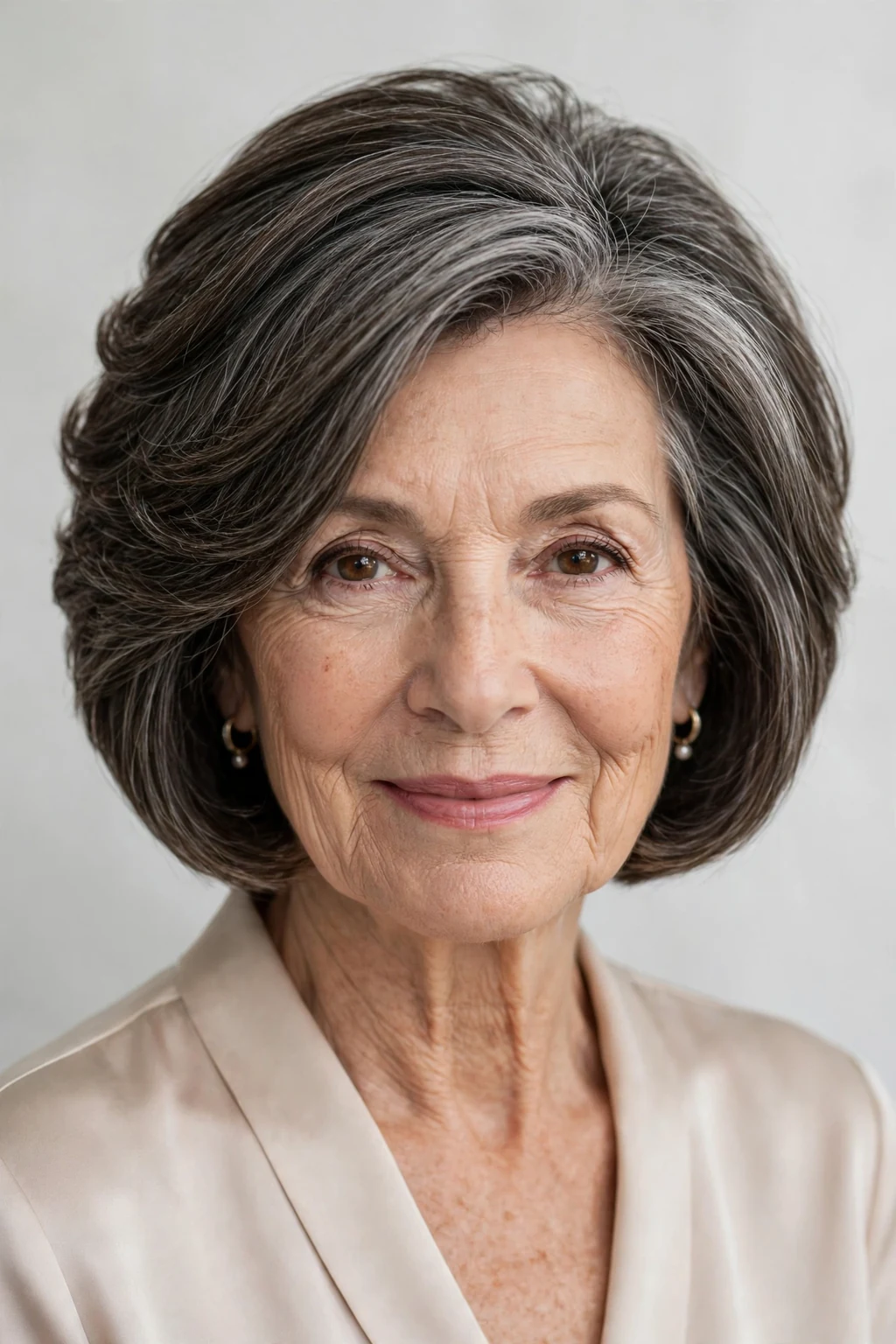 Elegant woman over 60 with graduated bob, stacked elegant shape, refined light.