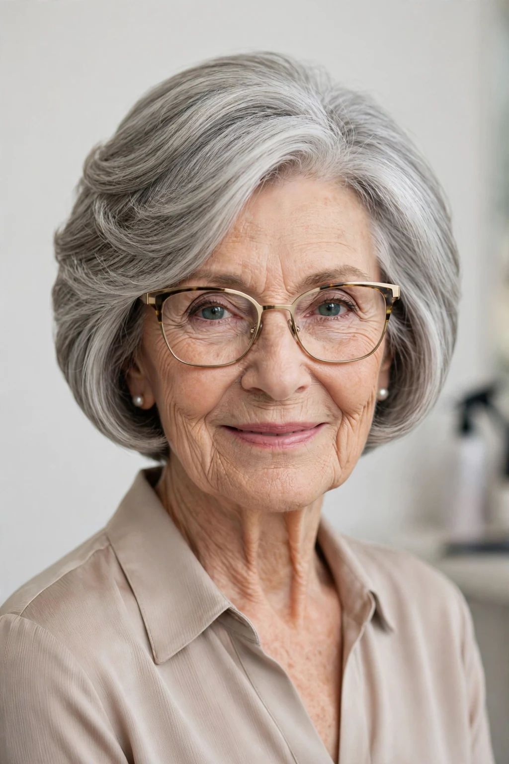Elegant woman over 70 with glasses and graduated bob, stacked elegant shape, refined light.