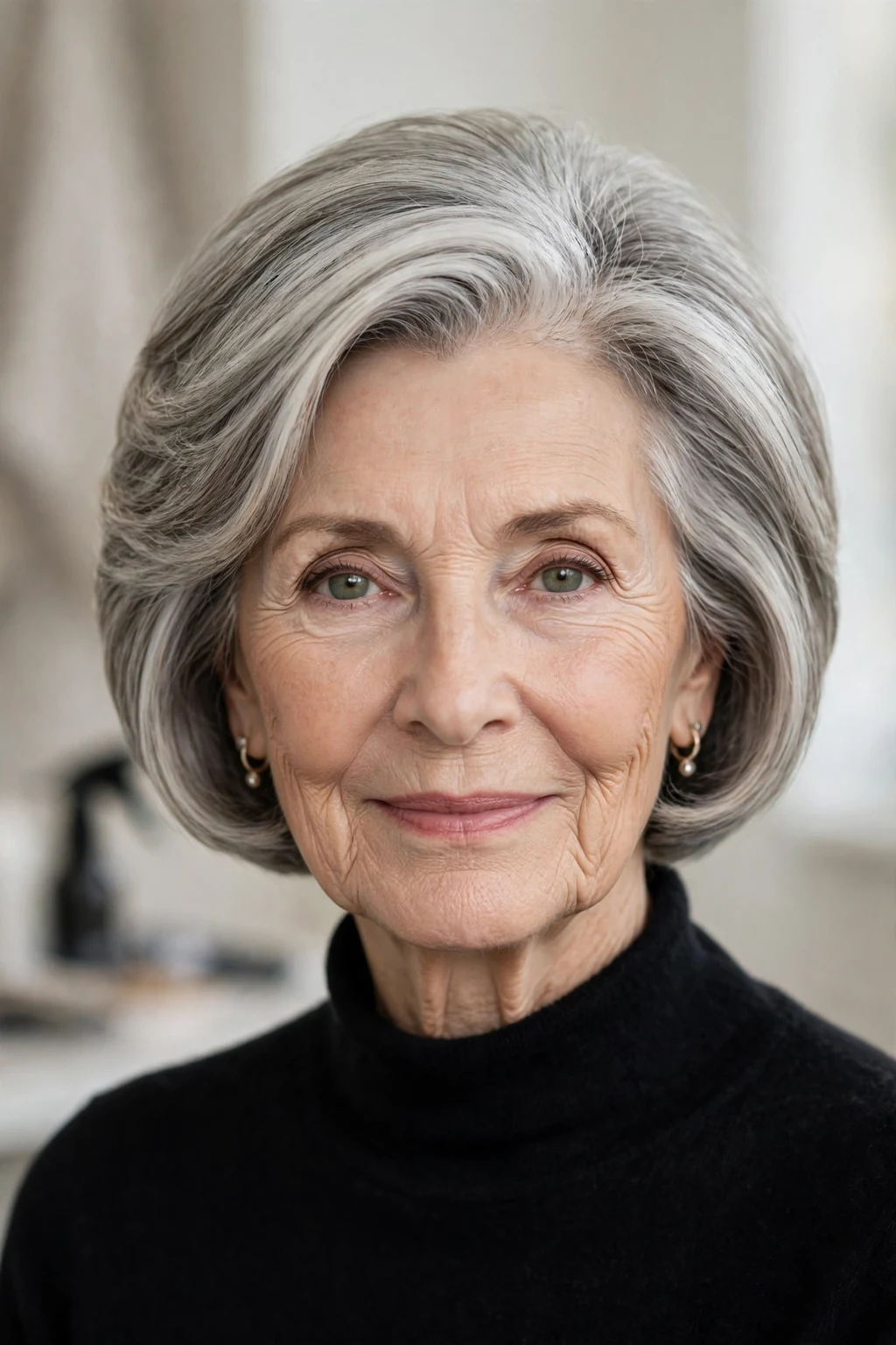Elegant woman over 70 with graduated bob, stacked elegant shape, refined light.