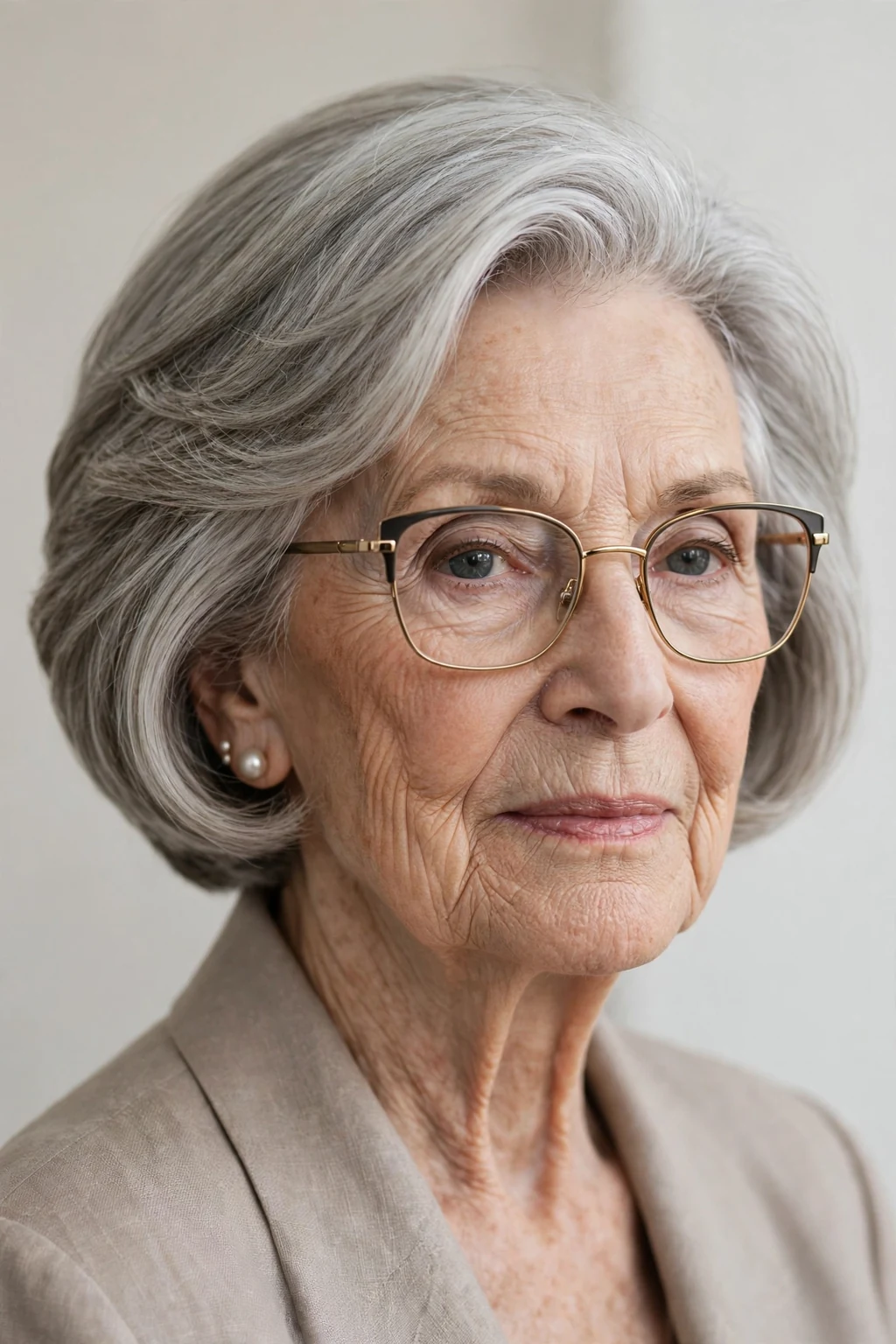 Elegant woman over 80 with glasses and graduated bob, stacked elegant shape, refined light.