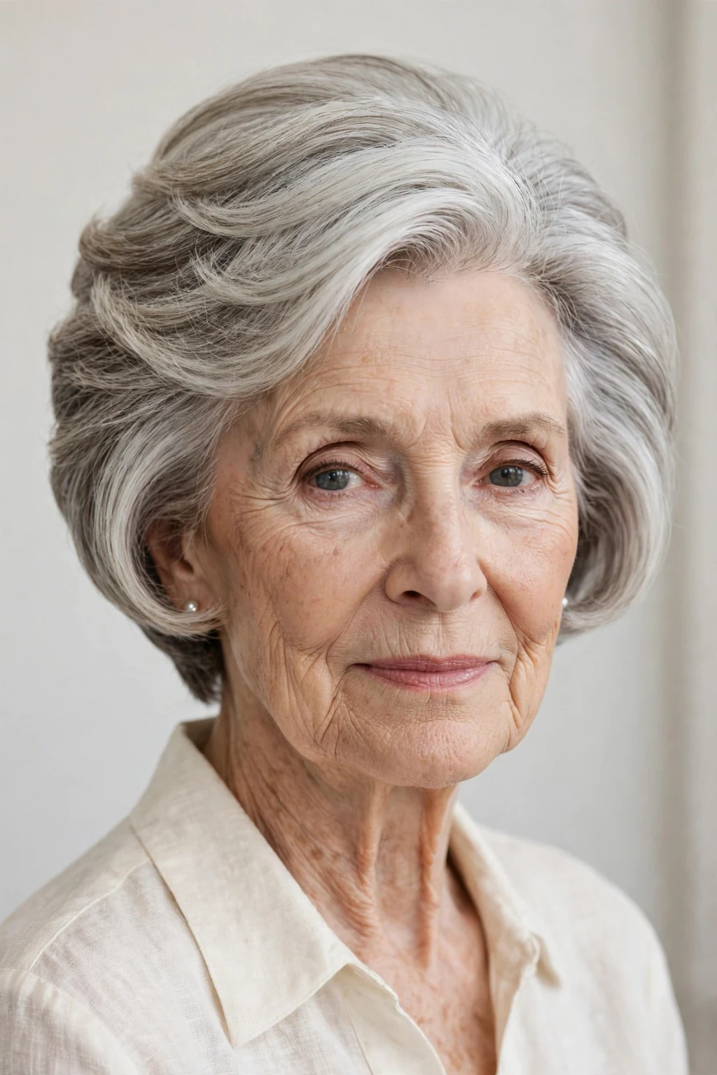 Elegant woman over 80 with graduated bob, stacked elegant shape, refined light.