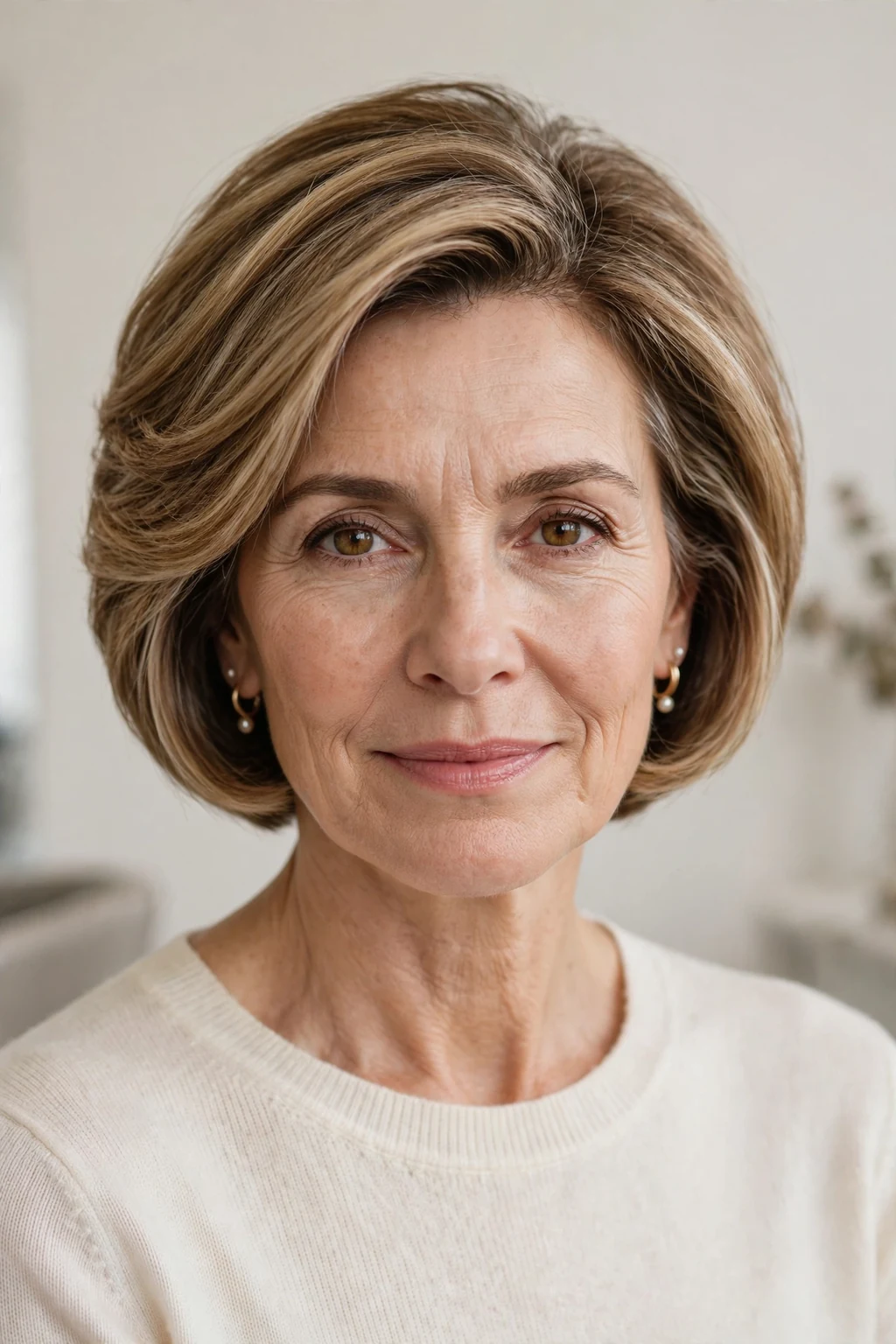 Elegant woman over 50 with graduated bob, stacked elegant shape, refined light.