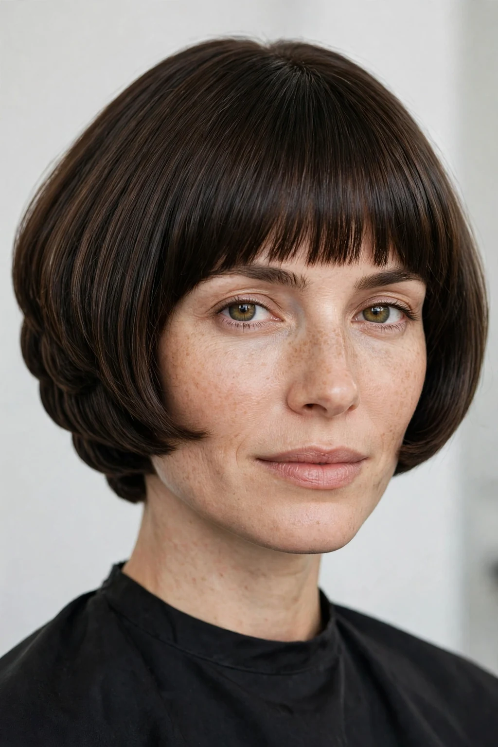 Woman with graduated bob and bangs, precise stacked shape, refined light.
