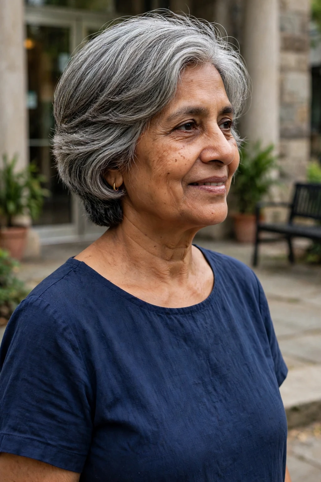 A mature South Asian woman in her sixties with a graduated gray bob, wearing a navy sari-inspired dress at a cultural center.