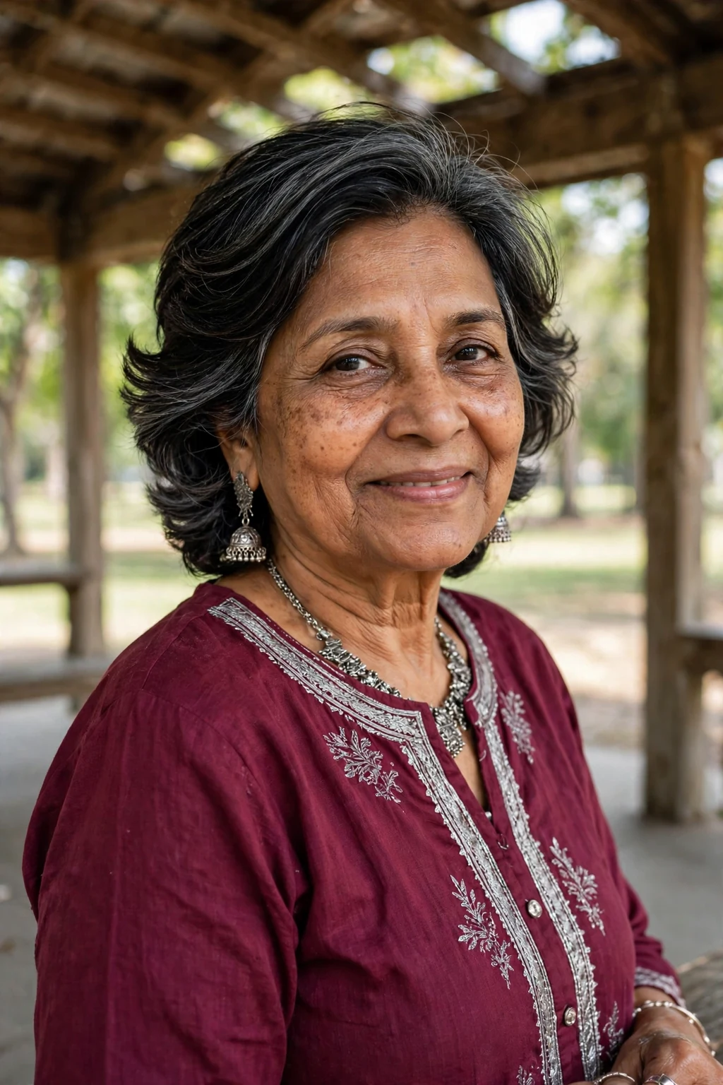 Mature South Asian woman in her late sixties with a graduated layered haircut, wearing a maroon kurta in a park pavilion.