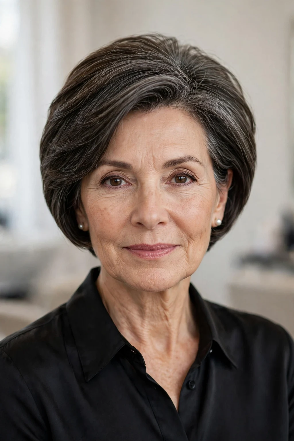 Elegant woman over 50 with graduated short bob, stacked elegant shape, refined light.