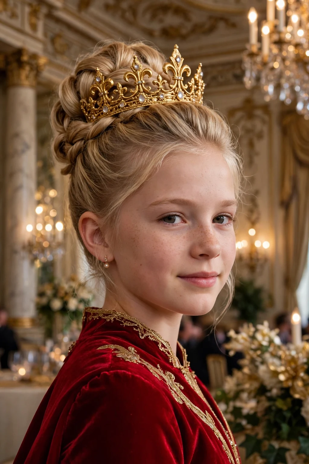 A young girl with an elegant high updo and a golden crown in a grand party hall.