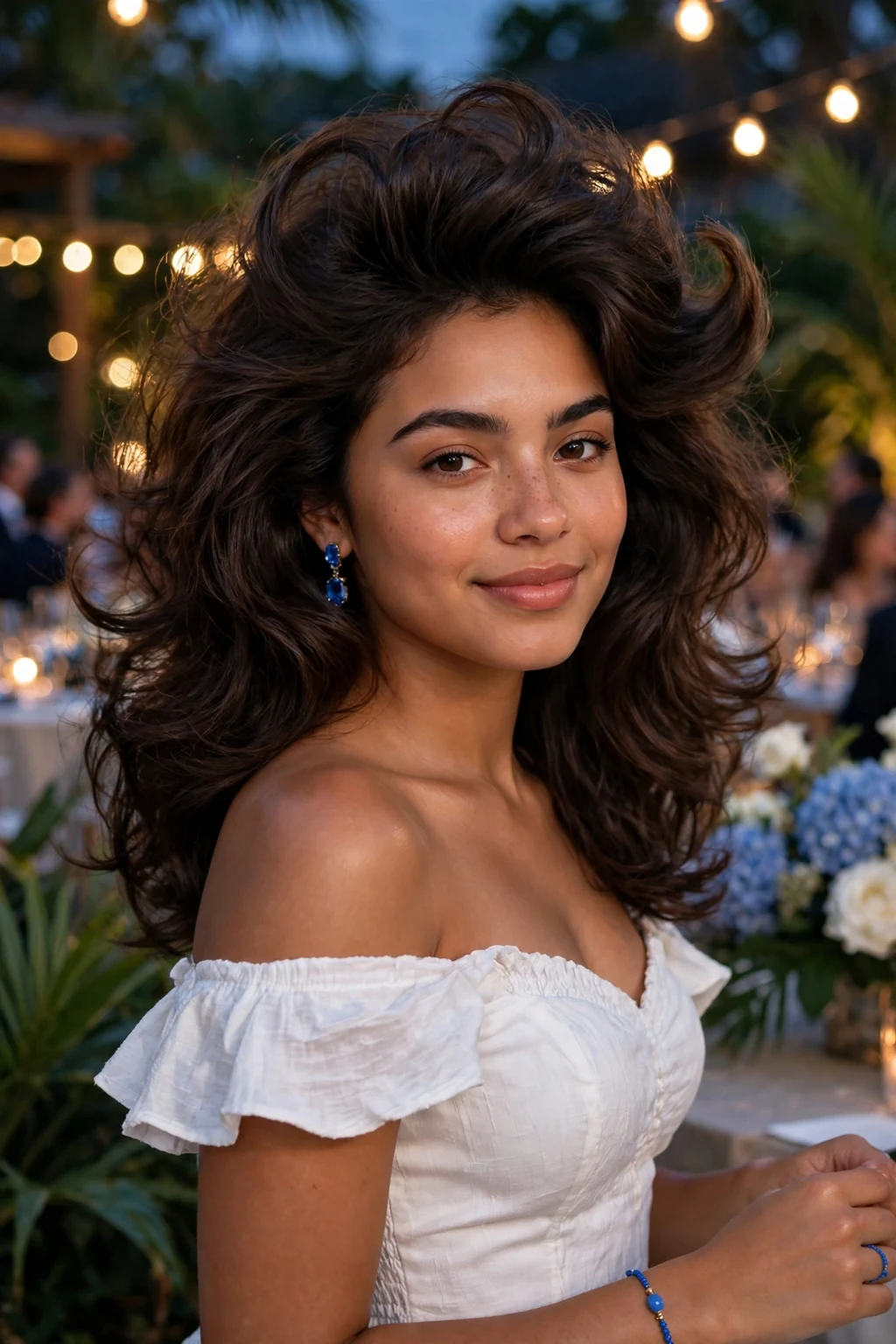 Young woman with a grand finale voluminous blowout at a summer gala.