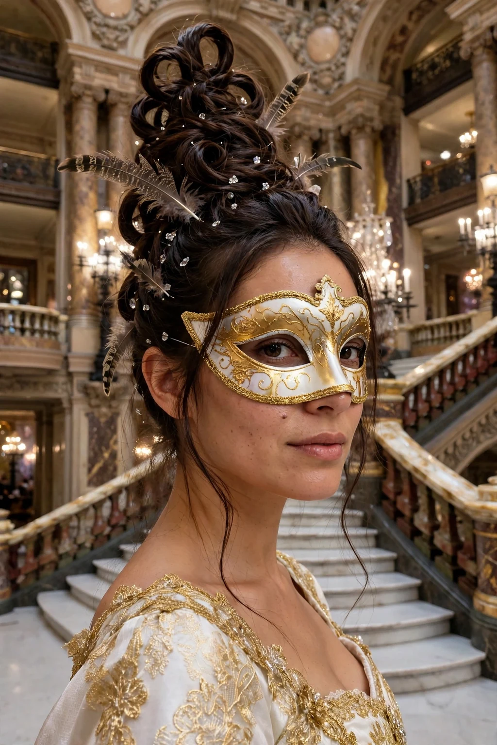 Young woman with an elaborate tall opera ballroom updo with feathers and a white and gold masquerade mask in an opera house foyer.