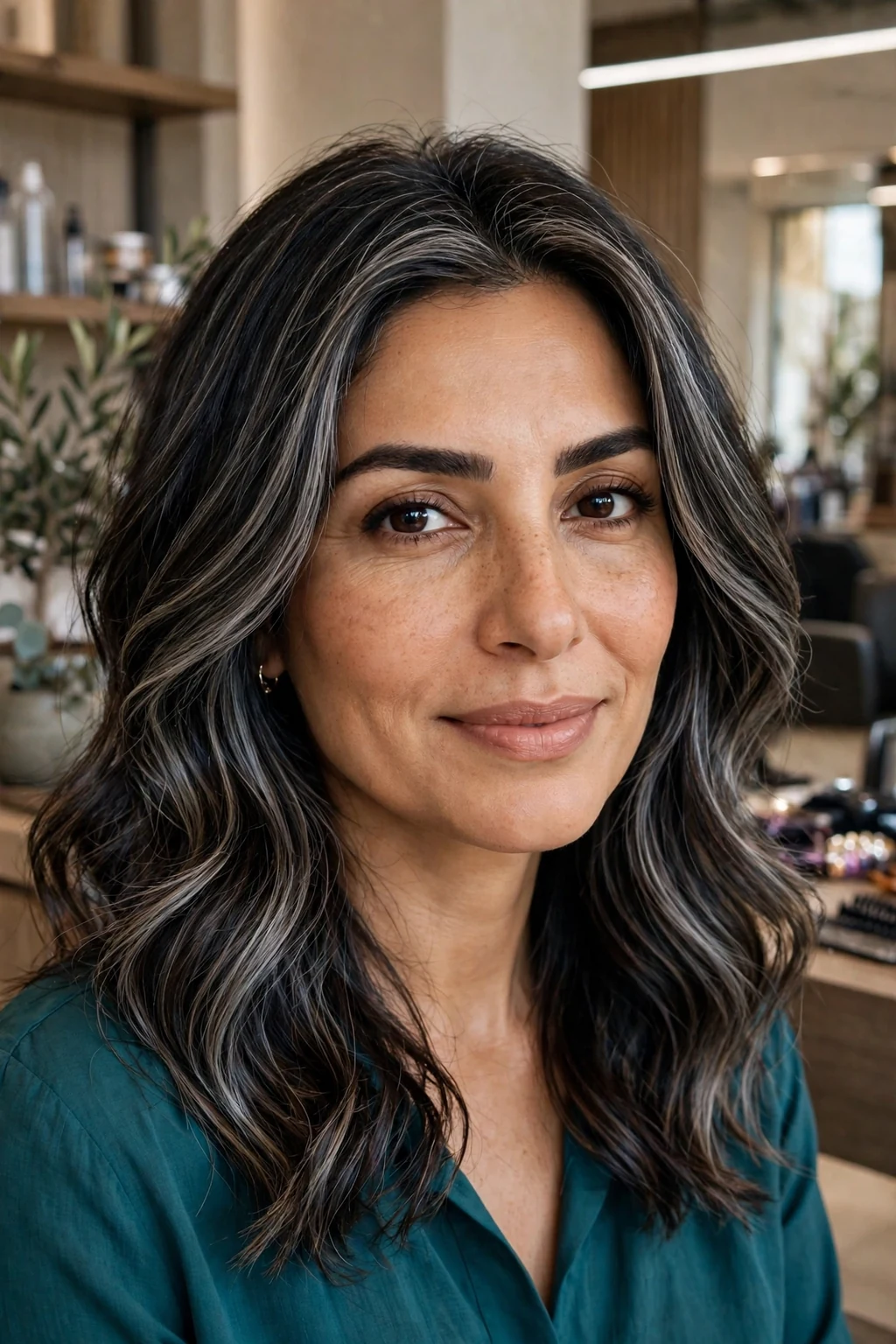 Beautiful woman with dark hair and gray blending foilayage, foiled balayage blend, dimensional light.