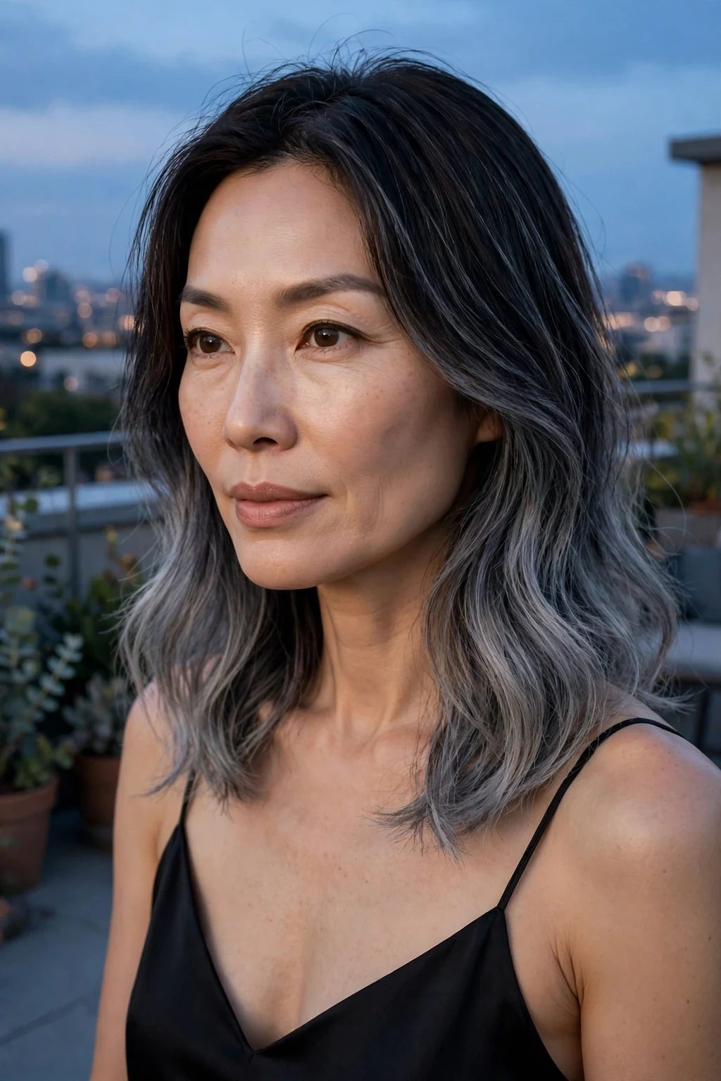 Beautiful woman with dark hair and gray blending ombre, gradual dark to silver fade, stunning light.