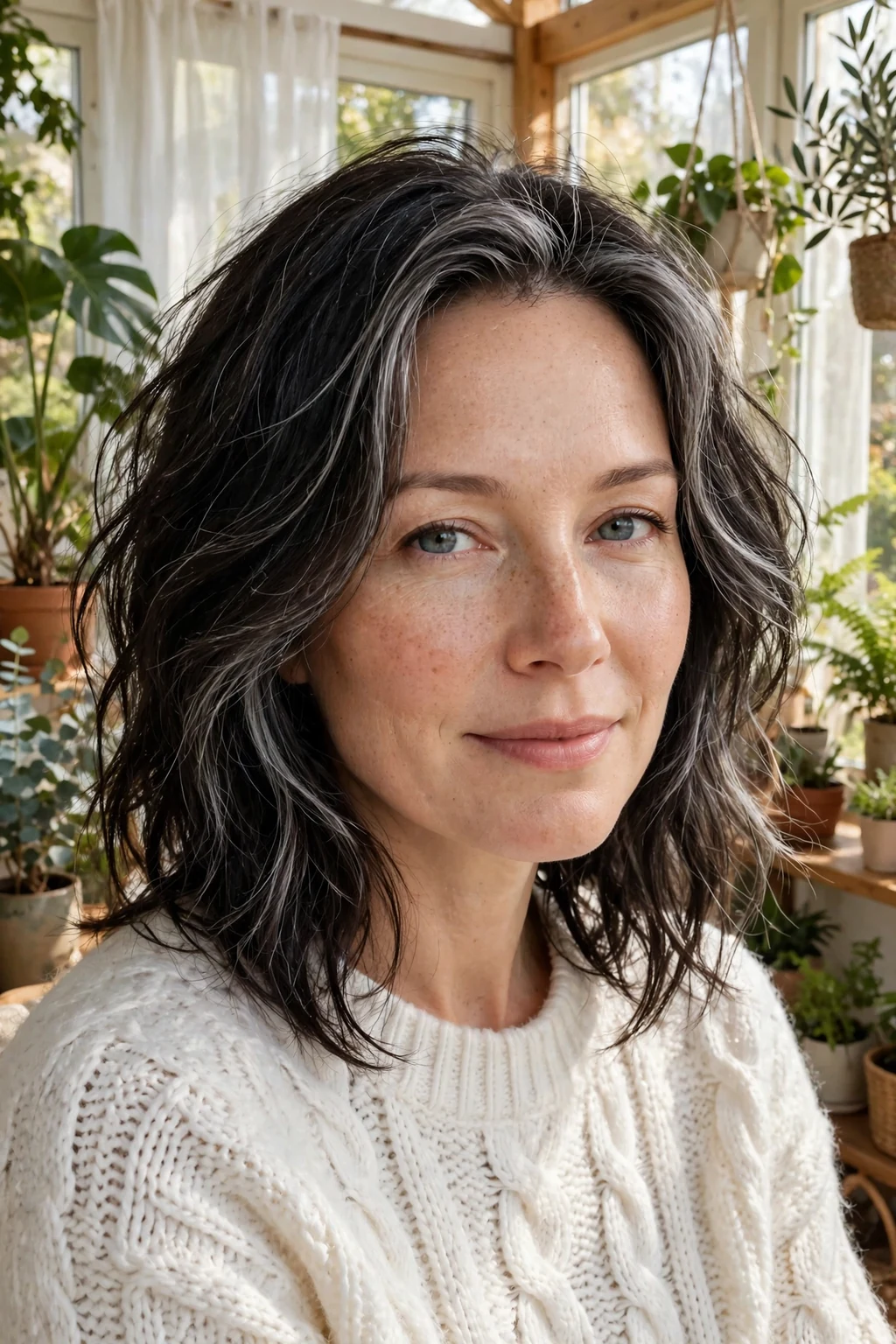 Beautiful woman with dark hair and gray blending teasylights, soft teased silver lights, gentle light.