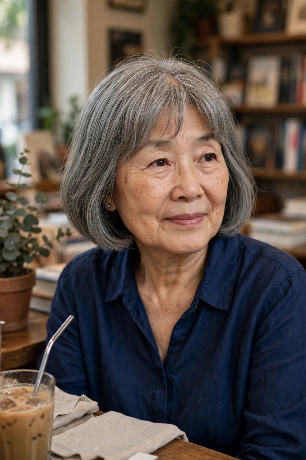 A mature East Asian woman in her sixties with a gray bob and curtain bangs, wearing a navy blouse in a bookstore cafe.