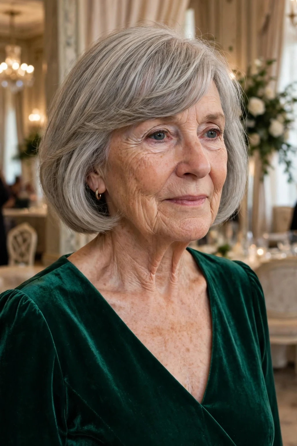 A mature Caucasian woman in her seventies with a gray bob and deep side part, wearing an emerald dress at a charity gala.