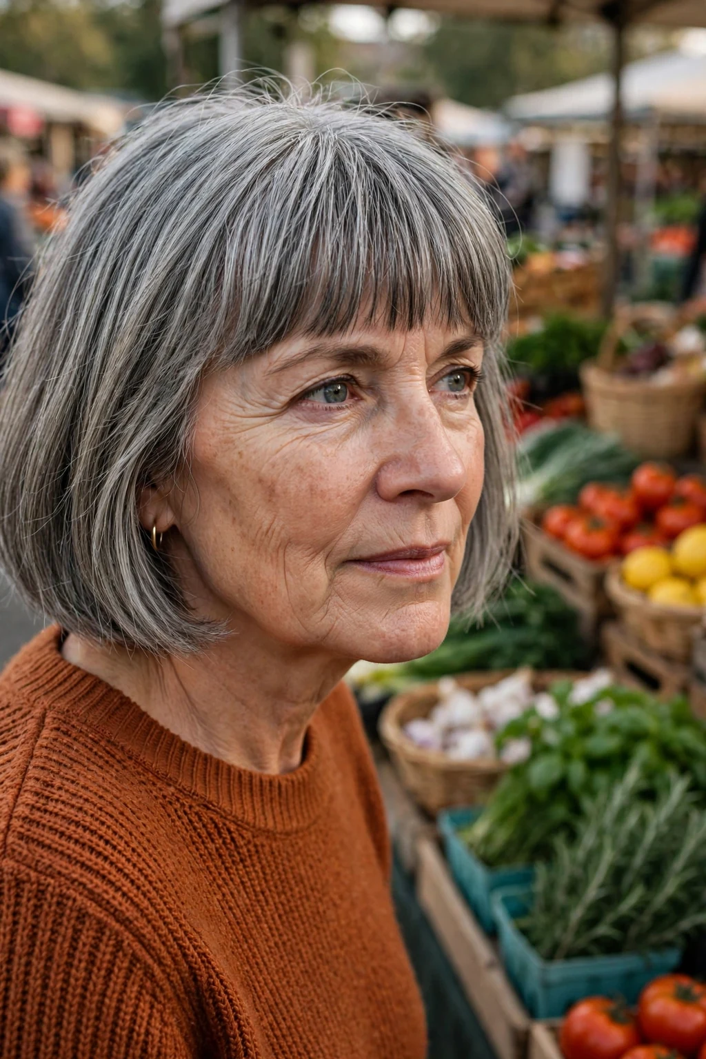 A mature Caucasian woman in her late fifties with a gray bob and full straight bangs, wearing a rust sweater at a farmers market.