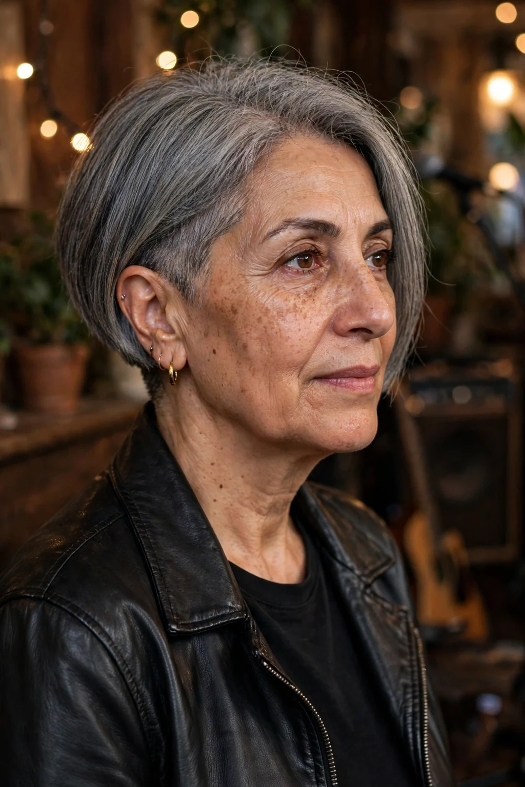 A mature woman in her fifties with a gray bob and soft undercut nape, wearing a black leather jacket in a music venue.