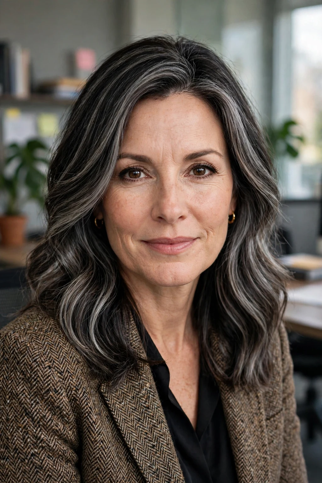 Beautiful woman with dark hair and gray coverage balayage, coverage with dimension, polished light.