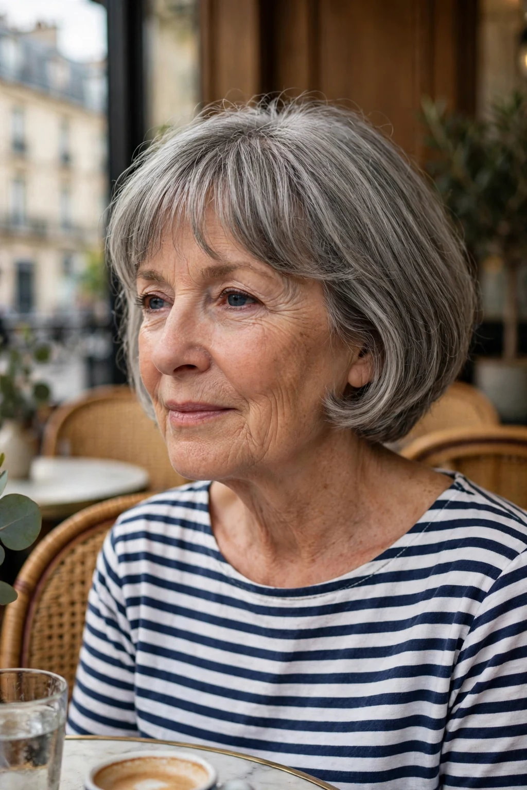 A mature French woman in her sixties with a gray French bob, wearing a striped navy top in a Parisian cafe.