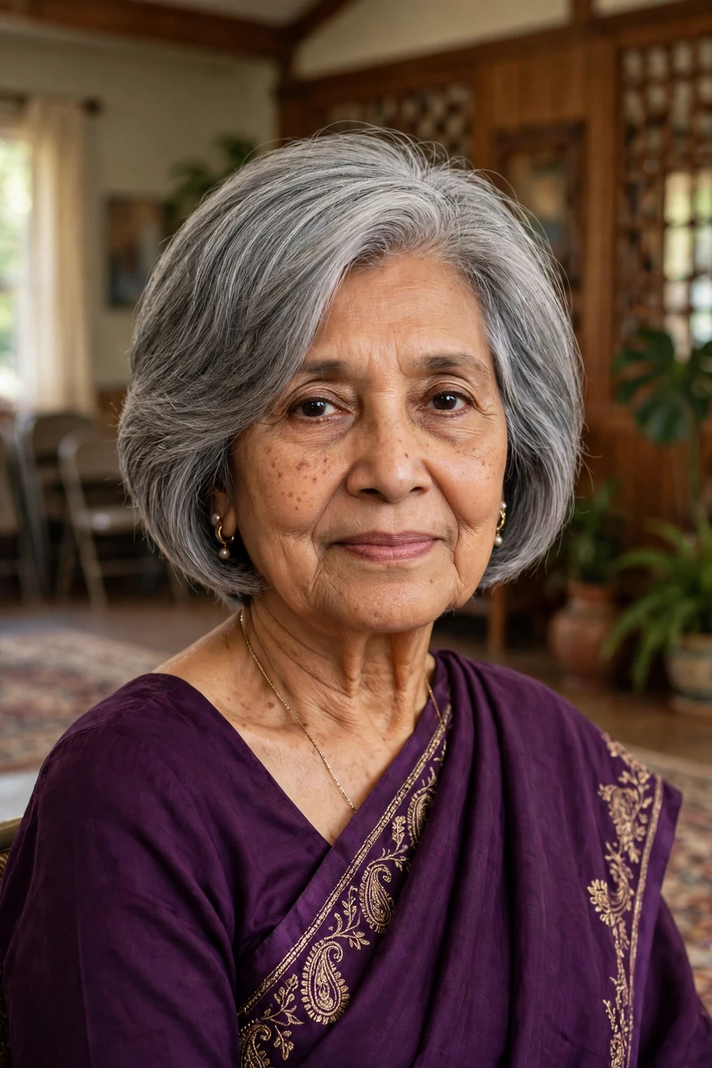 Refined woman over seventy with a gray graduated bob, stacked at the back.