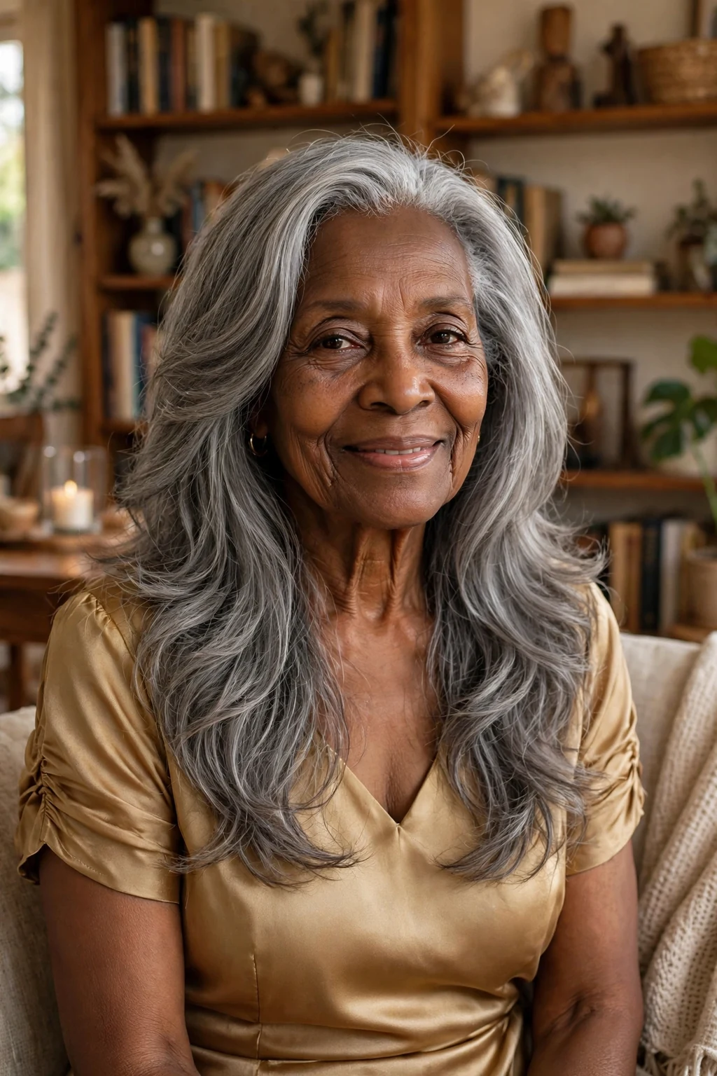 Graceful woman over seventy with long gray layers falling past her shoulders.