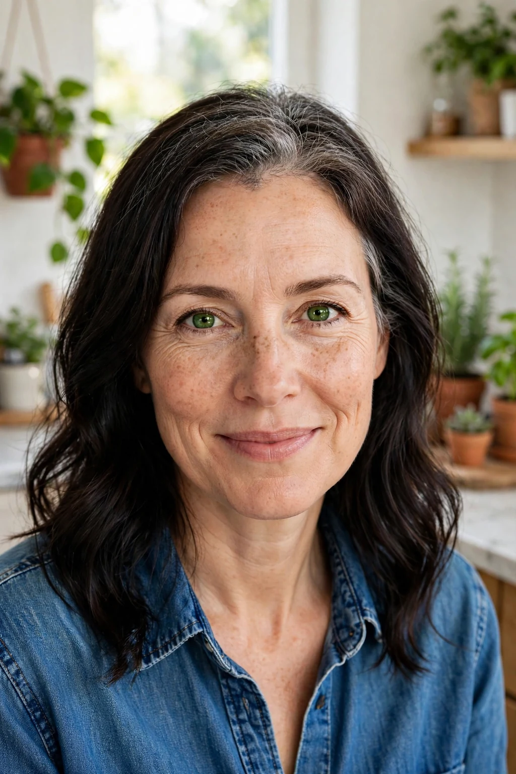 Beautiful woman with dark hair and gray root smudge, soft blurred root transition, gentle light.