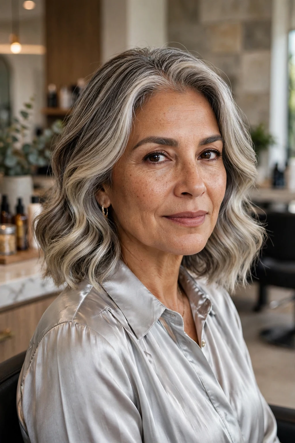 Beautiful woman with gray to silver blonde transformation, natural gray to silver, elegant light.