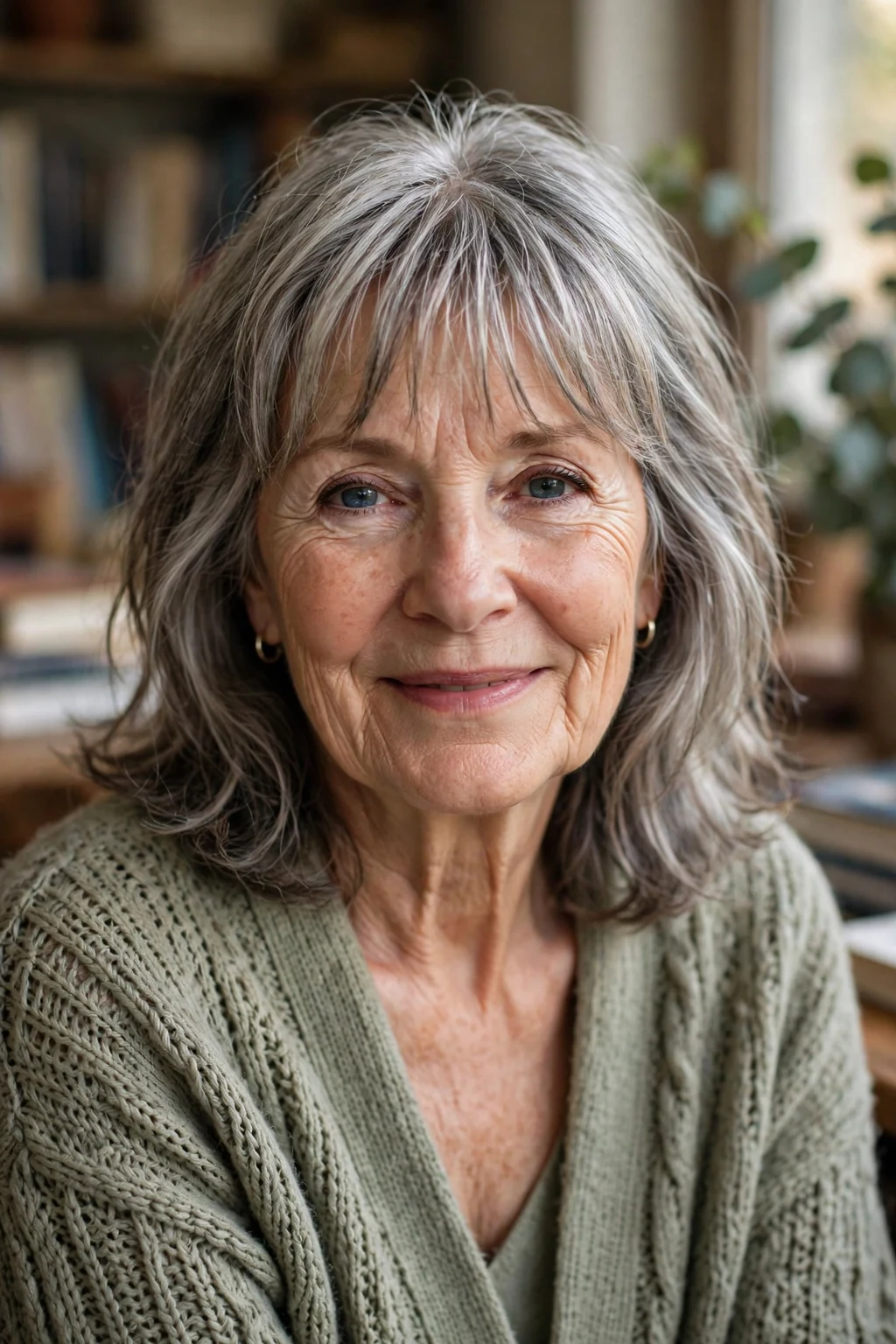 Beautiful older woman with grown-out bangs, relaxed grown-out bangs, easy light.