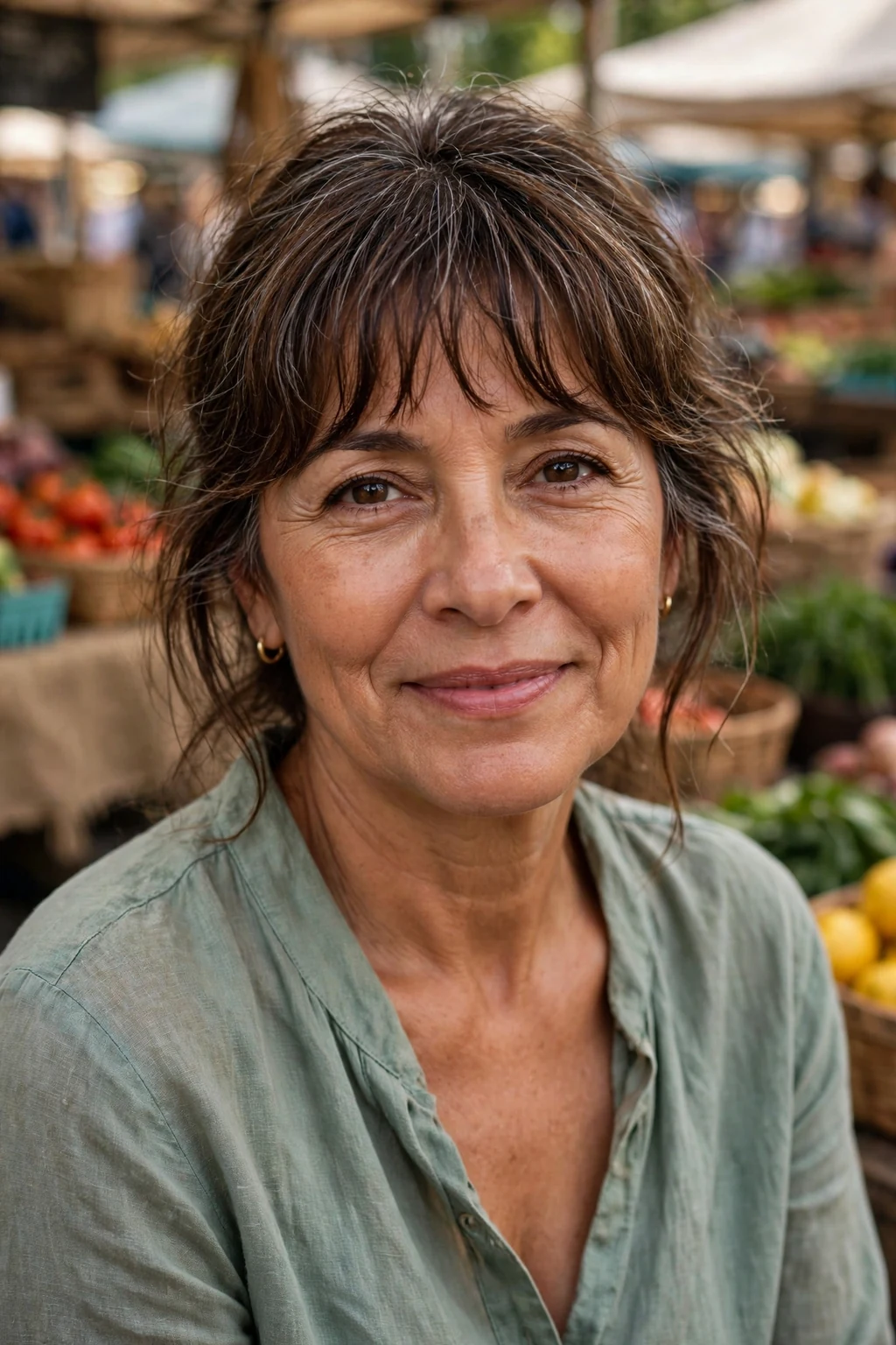 Beautiful woman with grown-out bangs, relaxed grown-out bangs, effortless light.