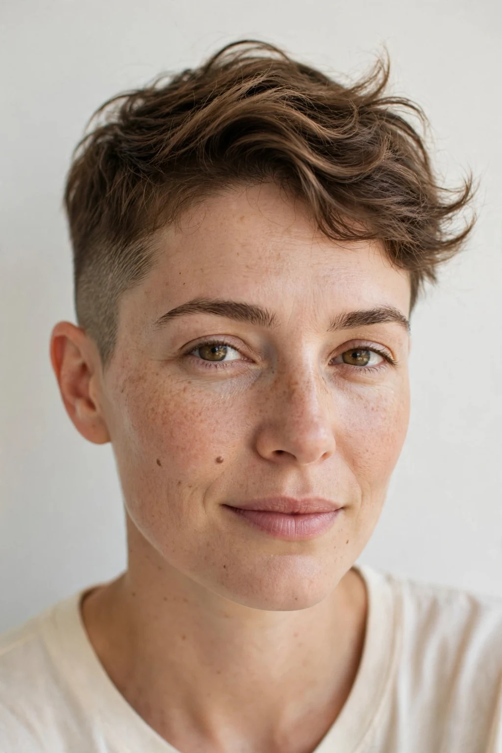 Woman with grown-out buzz cut, soft longer regrowth, natural relaxed light.
