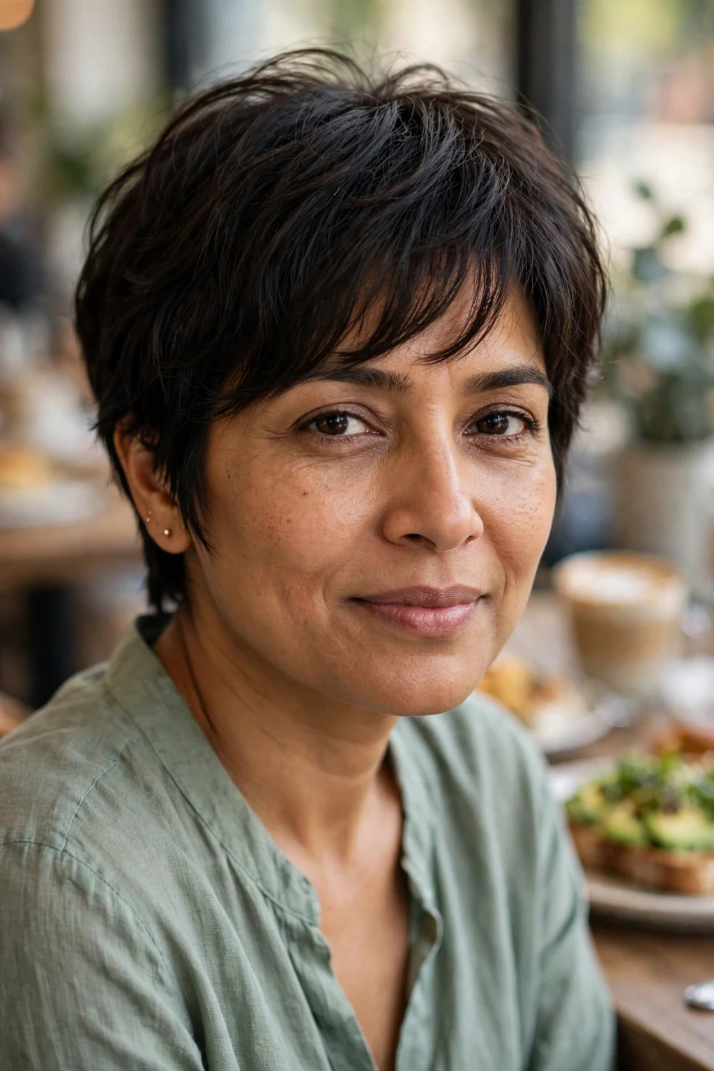 Beautiful woman with grown-out pixie bangs, relaxed grown-out pixie bangs, effortless light.