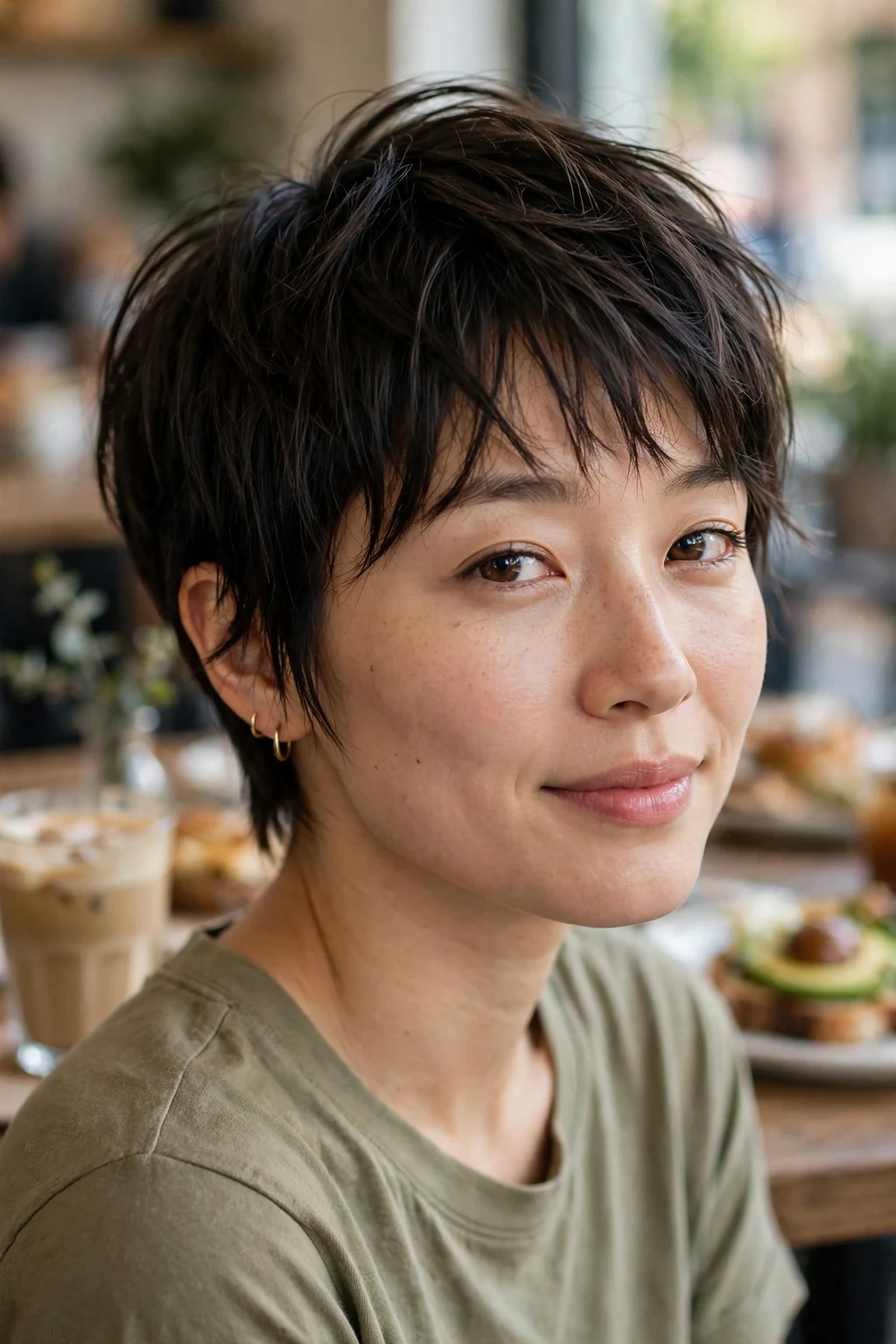 Beautiful woman with grown-out pixie bangs, relaxed grown-out pixie bangs, effortless light.