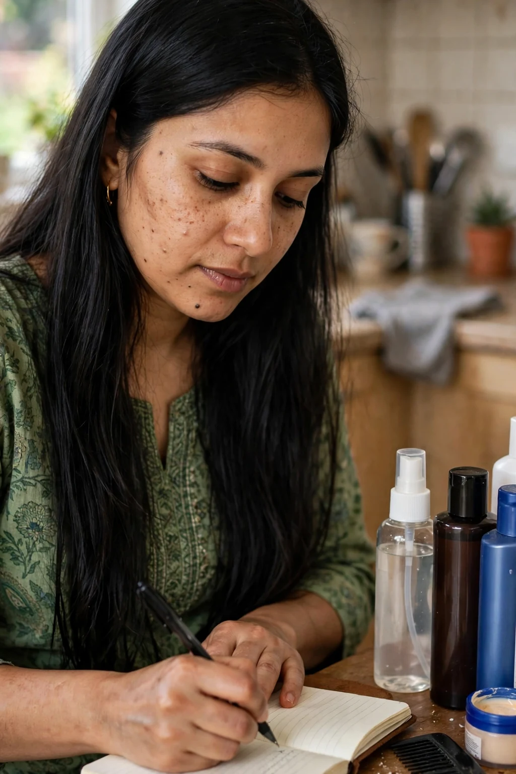 A young South Asian woman with long straight black hair writing in a small notebook journal at a kitchen table with hair products beside her.