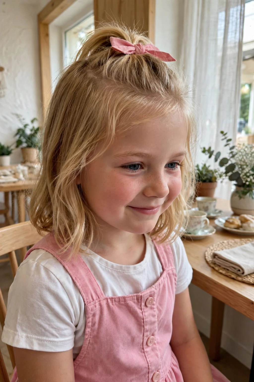 A sweet young girl with a half-up bow hairstyle, wearing a pink pinafore dress in a tea room.