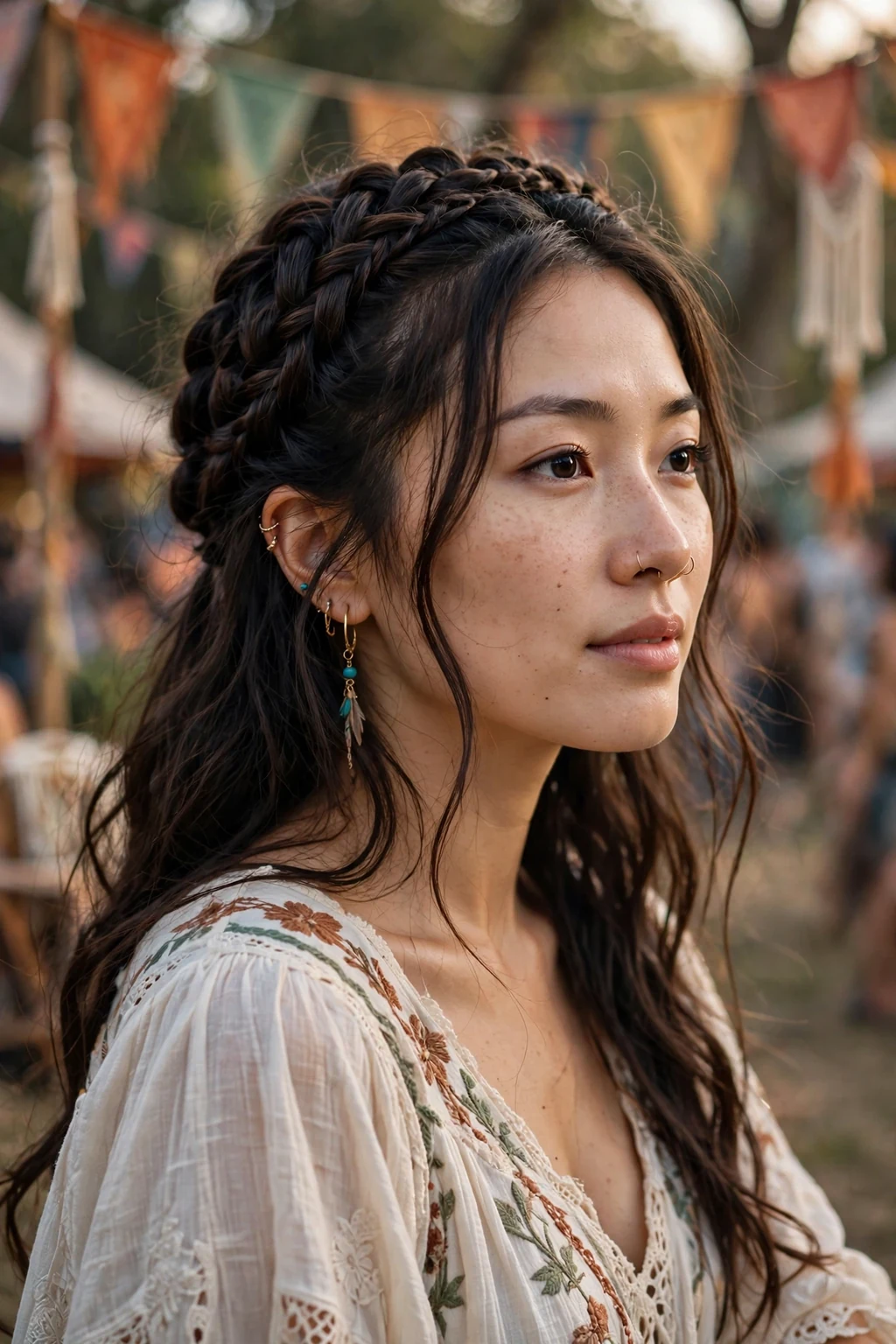 Beautiful woman with half-up braided crown, boho braided crown half-up, whimsical light.